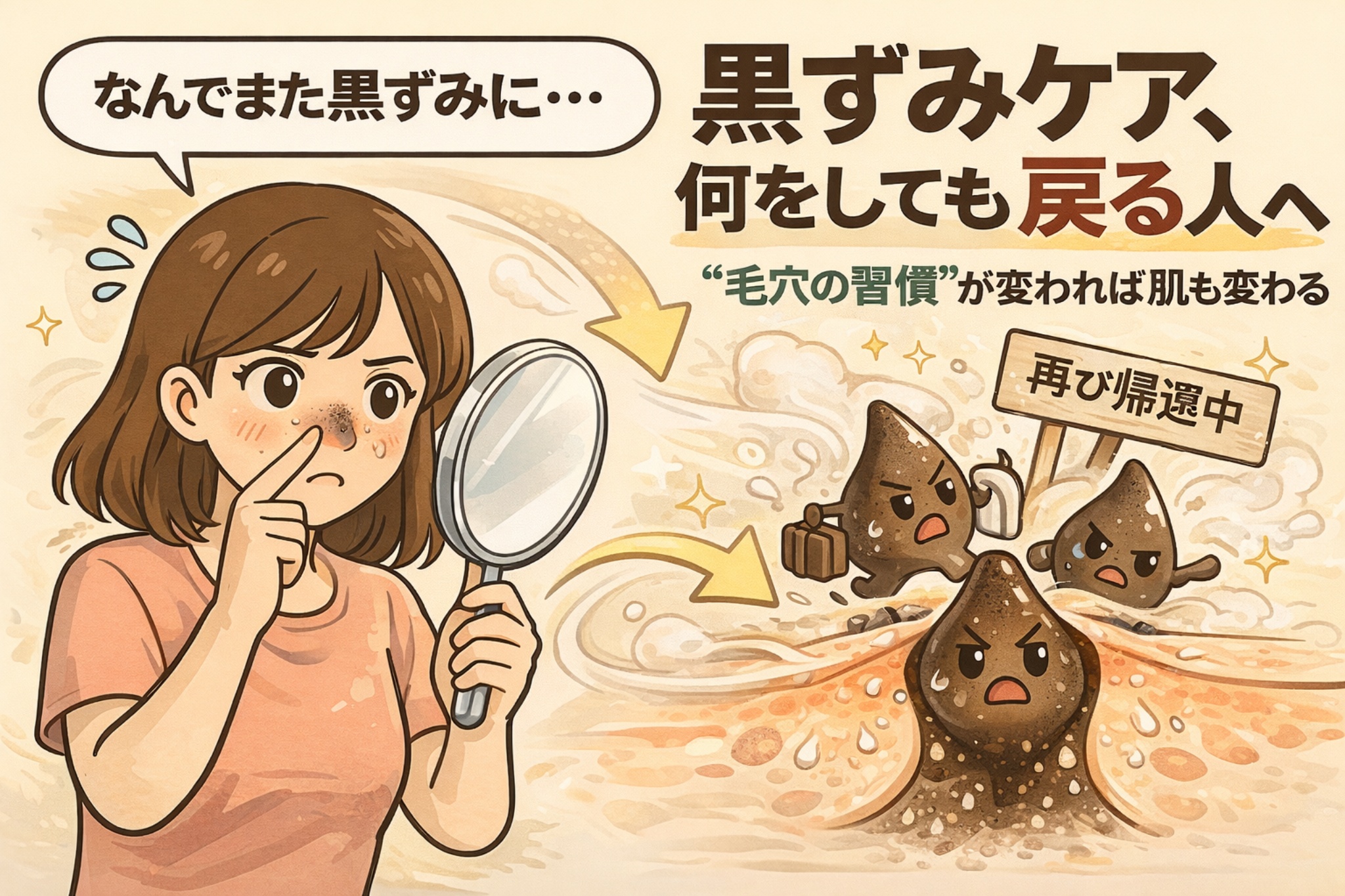 黒ずみケアをしても何度も戻ってしまう理由を解説するイラスト。鏡で鼻の黒ずみを確認して悩む女性と、「再び帰還中」と書かれた黒ずみキャラクターが毛穴から戻ってくる様子を描き、毛穴の習慣が変わらないと黒ずみも繰り返すことを視覚的に表現している。
