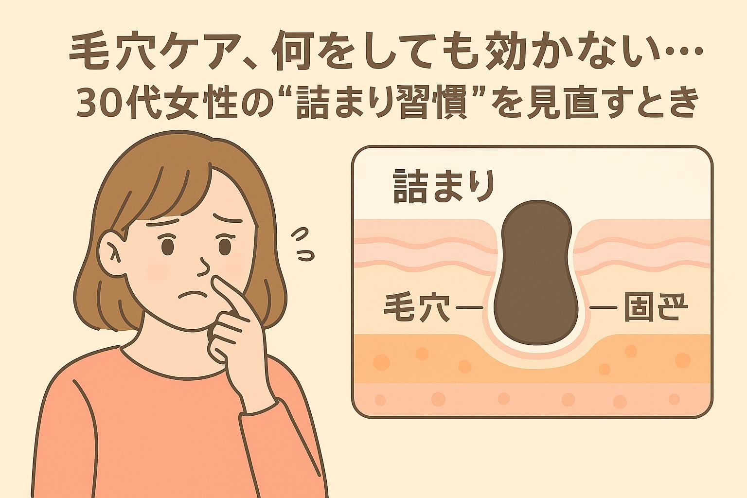 毛穴ケアが効かないことに悩む30代女性が鼻を触れて困惑する様子。右には詰まり構造と「固型」「詰まり」のキーワードが入った断面図がある。
