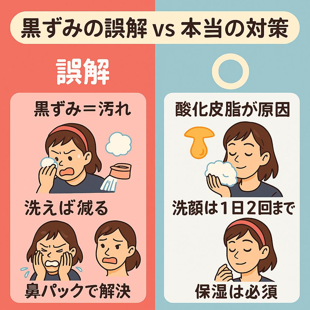 「黒ずみの誤解と本当の対策を比較した日本語インフォグラフィック。左の赤背景には『黒ずみ＝汚れ』『洗えば減る』『鼻パックで解決』という誤解と、その行動をする中学生女子のイラスト。右の青背景には『酸化皮脂が原因』『洗顔は1日2回まで』『保湿は必須』という正しい習慣と、泡でやさしく洗顔する・化粧水で保湿する中学生女子のイラストが描かれている。」