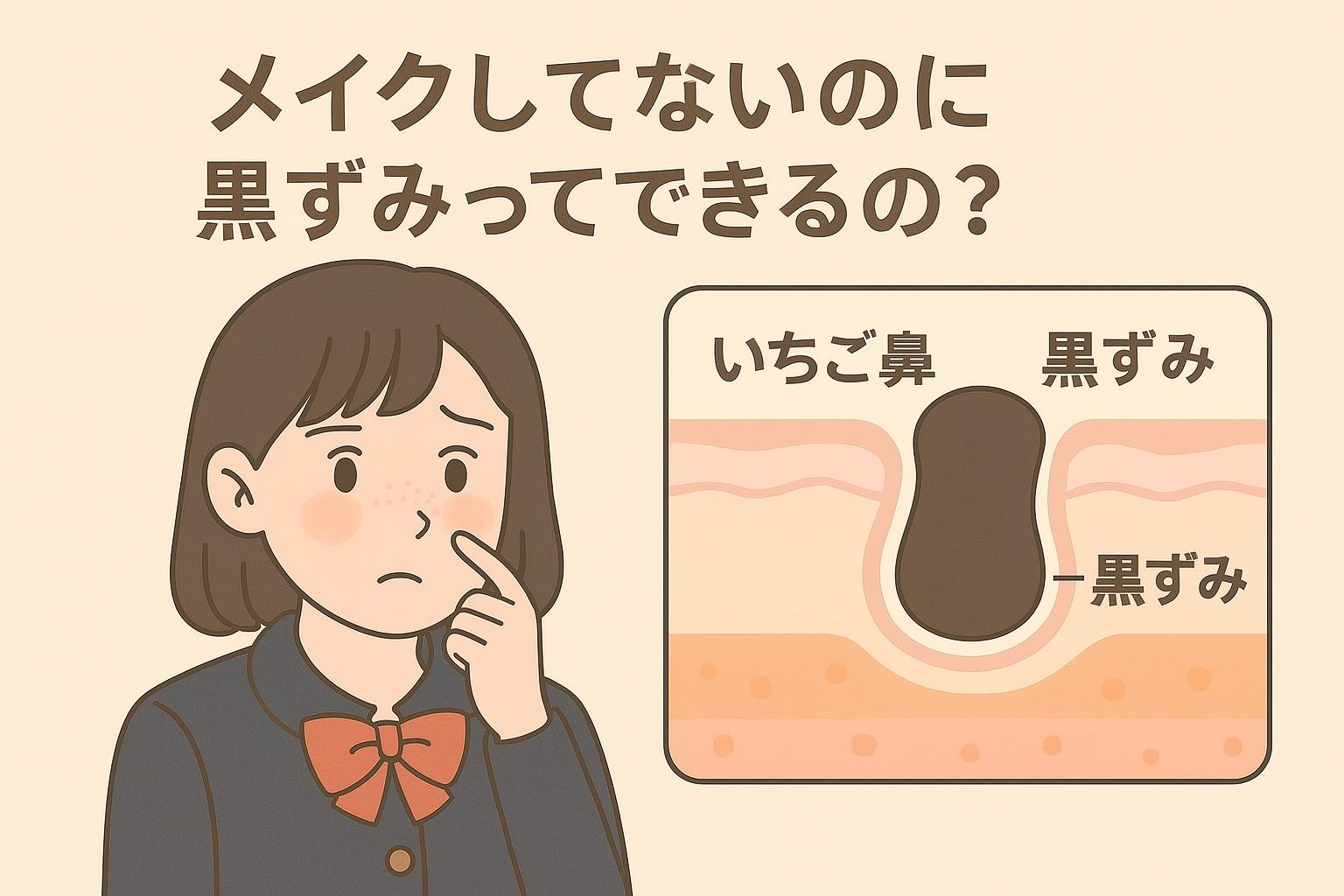 メイクをしていないのに黒ずみができたことに戸惑う女子中学生。右側には黒ずみの詰まりを示す毛穴断面図が描かれている。
