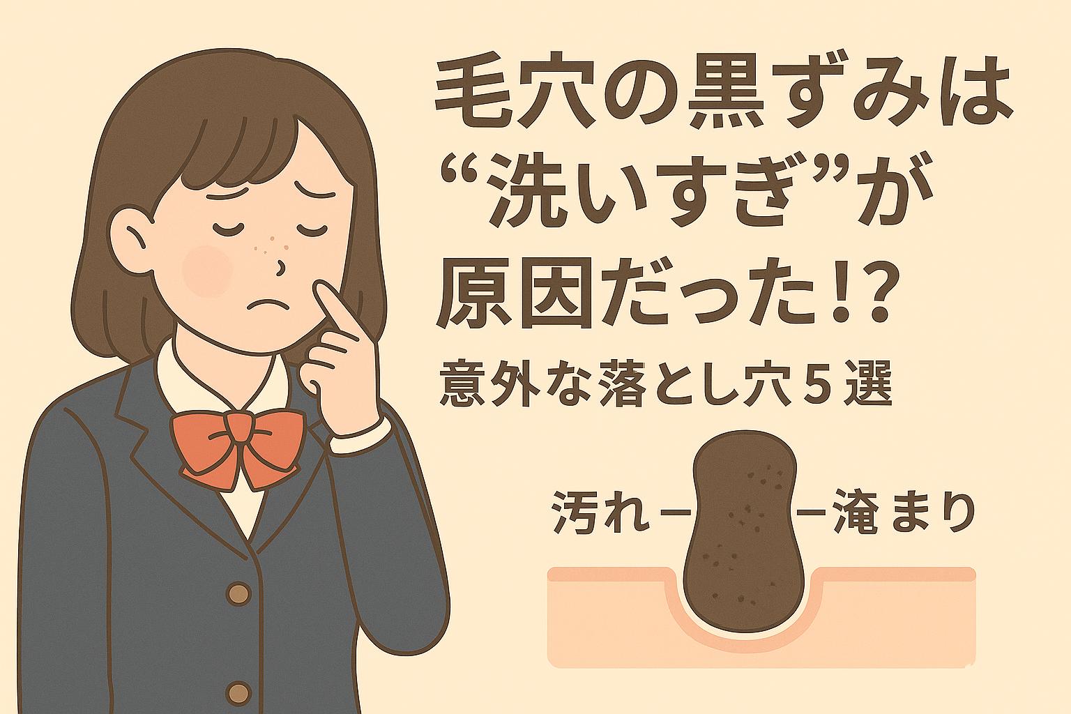 鼻の黒ずみに悩む女子中学生が考え込む様子。右には「汚れ」と「詰まり」を示す毛穴の断面図があり、洗いすぎによる悪化の可能性を示唆している。