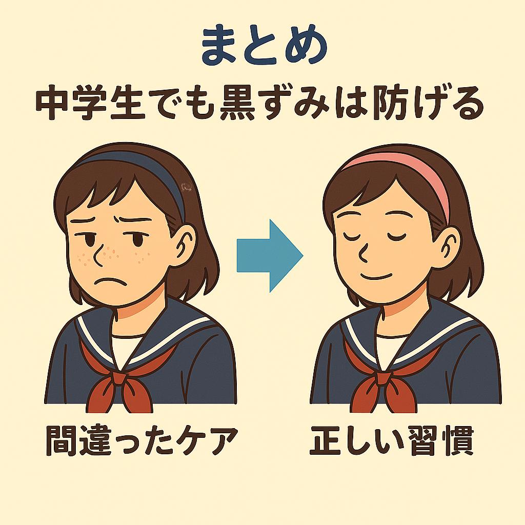 「まとめパートの未来比較イラスト。左には間違ったケアをして黒ずみが進行した未来の中学生女子が描かれ、鼻の黒ずみに悩む表情。右には正しい習慣を守ってクリアな鼻を保つ未来の中学生女子が描かれ、満足そうに微笑んでいる。上部には『まとめ｜中学生でも黒ずみは防げる』と書かれている。」