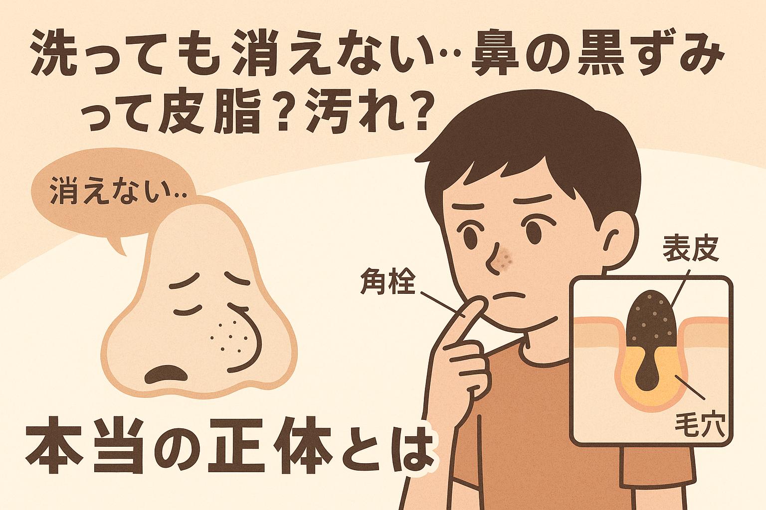 鼻の黒ずみの断面図（角栓・表皮・毛穴の構造）と、それを見て考え込む男子中学生。「角栓」「表皮」「毛穴」などのラベルあり。