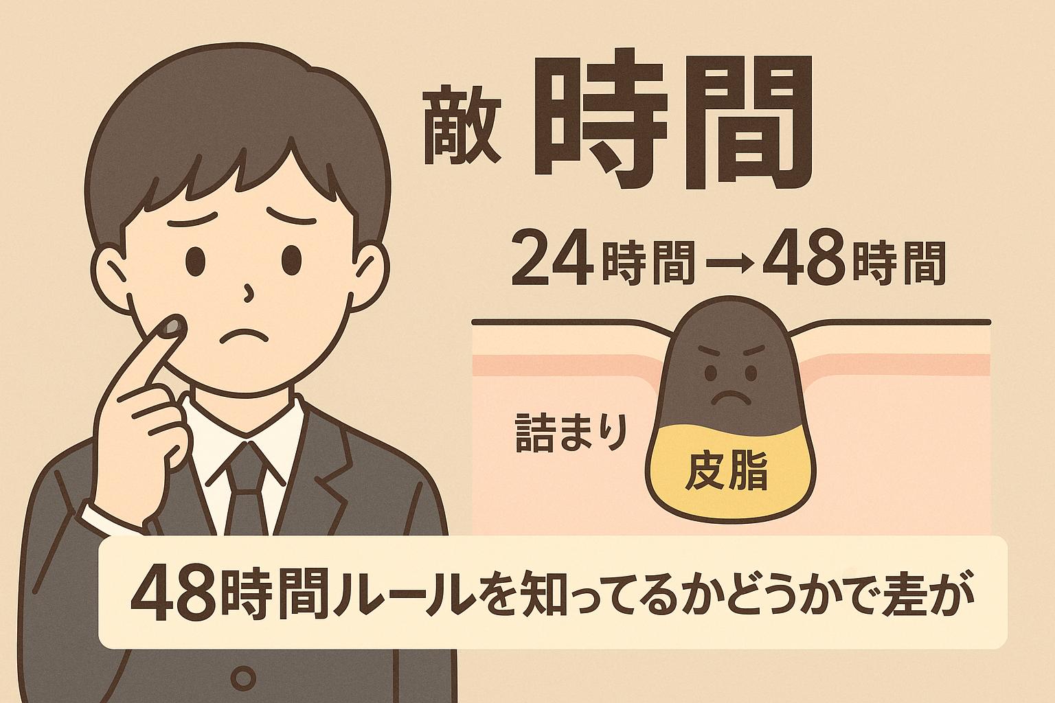 「24時間→48時間」と時間経過を示す矢印とともに、皮脂が詰まって黒ずみに変わる様子を説明する断面図。悩む男子高校生と「48時間ルールを知ってるかどうかで差がつく」というテロップがあり、タイミングの重要性を訴える構成。