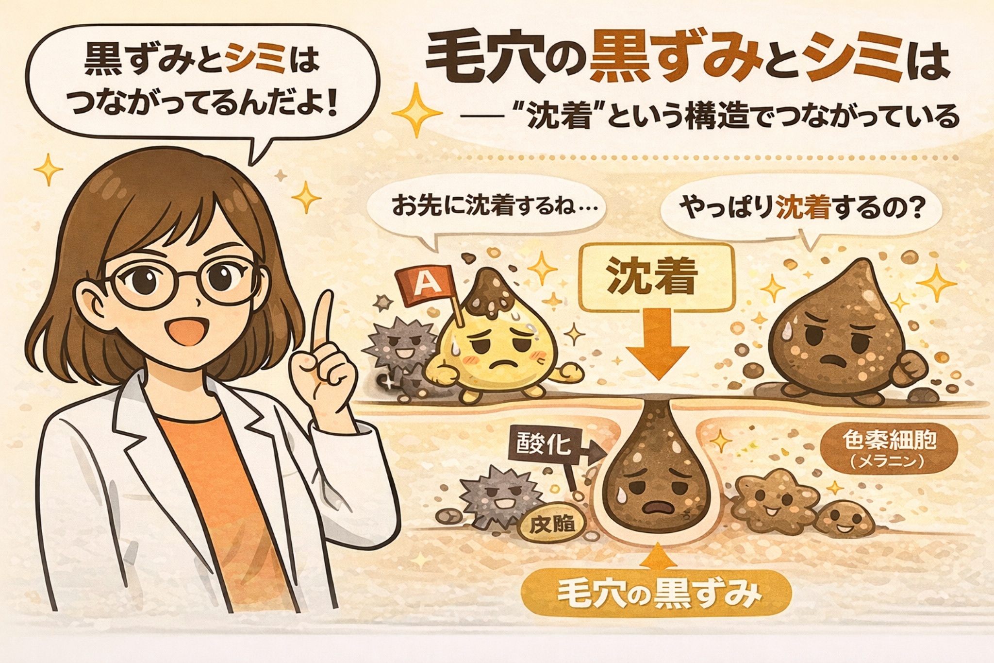 毛穴の黒ずみとシミが「沈着」という共通の構造でつながっていることを解説したイラスト。白衣と眼鏡の女性キャラクターが指差しで説明し、皮脂の酸化やメラニンが毛穴内に沈着して黒ずみになる流れを、擬人化キャラクターと毛穴断面図で図解している。黒ずみとシミの関係性を理解できる淡いベージュ背景のアイキャッチ。