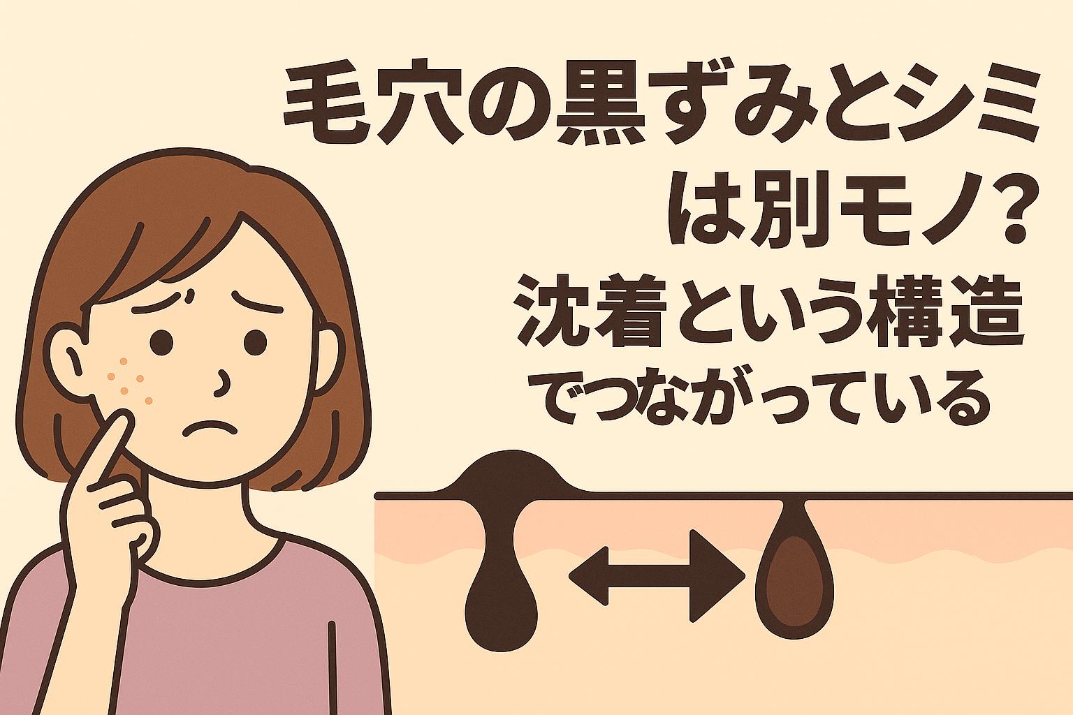 毛穴の黒ずみとシミの関係を示す構造図と、頬のシミを気にする女性。皮膚断面図には沈着のプロセスが描かれ、矢印で黒ずみとシミがつながっていることが表現されている。