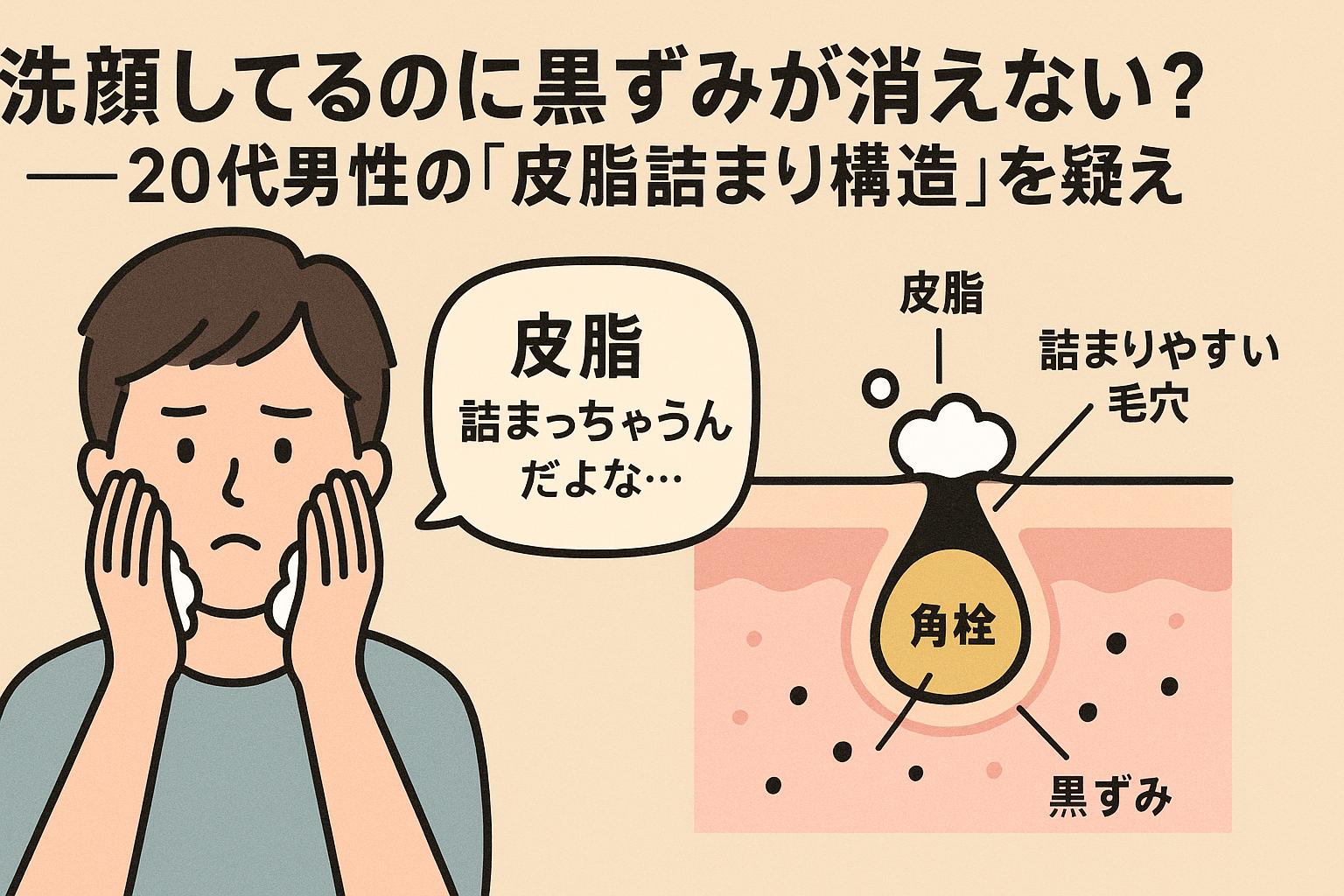 洗顔しているのに黒ずみが消えないことに悩む20代男性と、皮脂が詰まりやすい毛穴の構造を描いた図解。「皮脂」「角栓」「詰まりやすい毛穴」「黒ずみ」などのラベルで、洗顔だけでは届かない構造的な原因を示している。