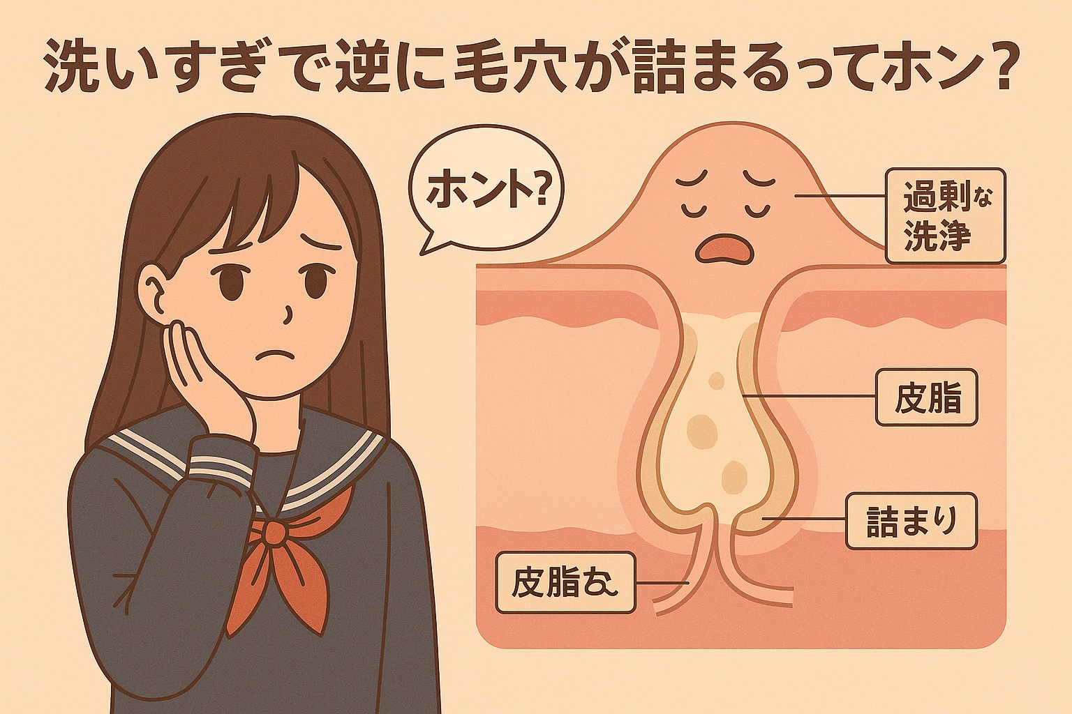 洗いすぎで皮脂と皮膚バリアが乱れた状態を図示。泣いている水滴キャラと毛穴の詰まりを描き、「皮脂」「こずま」などのラベルで構造を説明。