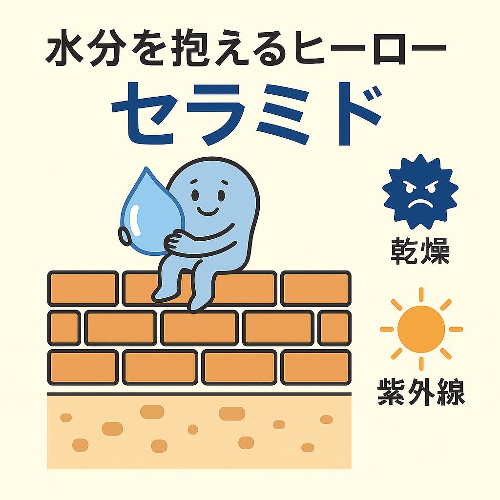 「水分を抱えるヒーロー=セラミド」という日本語インフォグラフィック。
中央には水滴を抱えたキャラクター化されたセラミドがレンガの壁の上に座り、肌のバリアを守る様子を表現。
右側には敵キャラとして「乾燥」の怒った顔アイコンと「紫外線」を示す太陽アイコンが描かれている。
セラミドが肌の水分保持と外部刺激からの防御を担う存在であることを視覚的に伝えている。