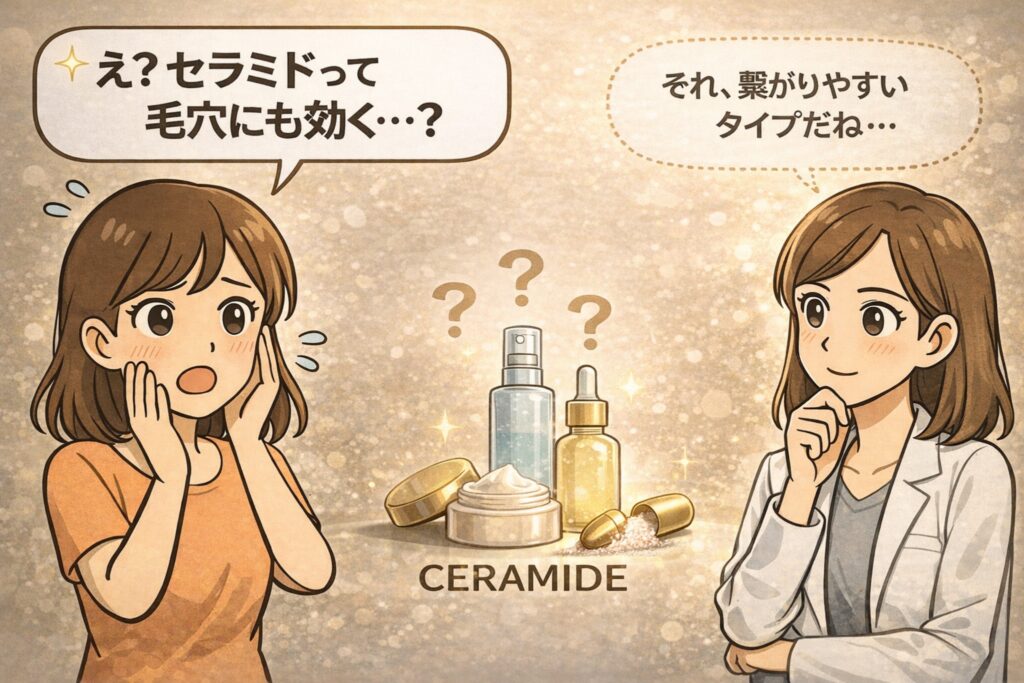 セラミドは毛穴にも効果があるのかをテーマにしたイラスト。毛穴への効果に驚く女性と、白衣で眼鏡の女性が落ち着いて説明する構図で、中央にはセラミド配合のスキンケアアイテムが並ぶ。「角層バリアを整えることで詰まりを防ぐ」という関係性を示唆したアイキャッチ。