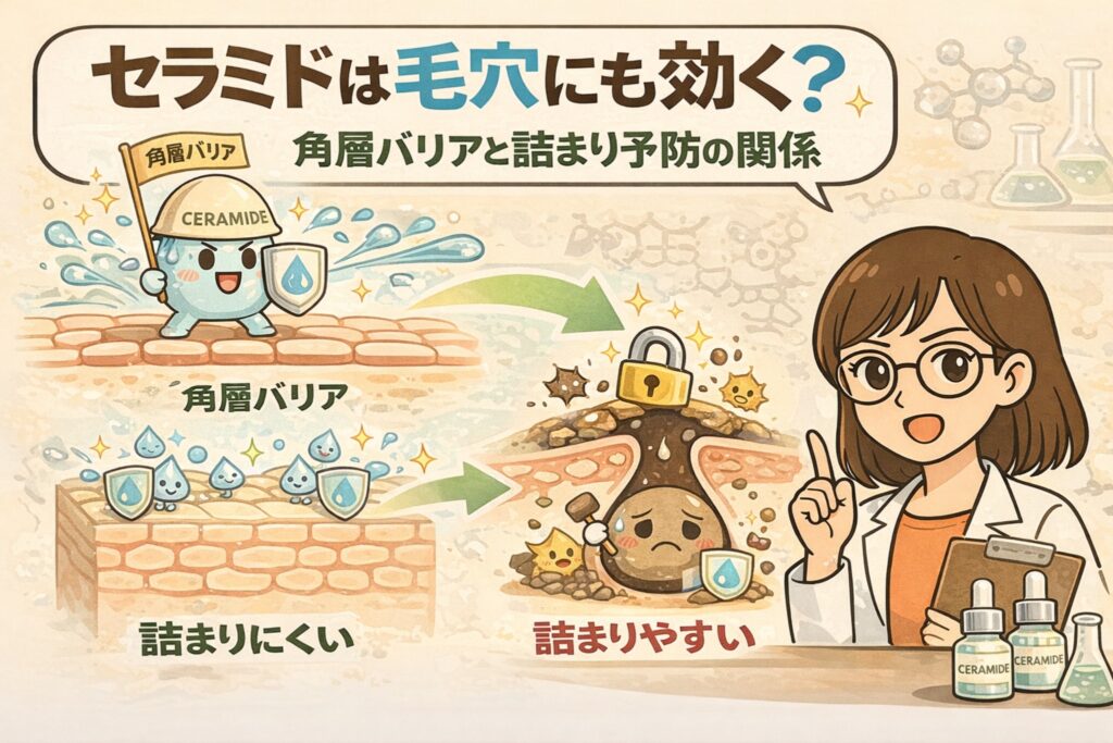 セラミドが毛穴に与える影響を角層バリアの視点で解説したイラスト。角層バリアが整っている状態では詰まりにくく、バリアが乱れると毛穴が詰まりやすくなる関係を断面図で比較し、セラミドによる保湿とバリア機能の重要性をわかりやすく示している。
