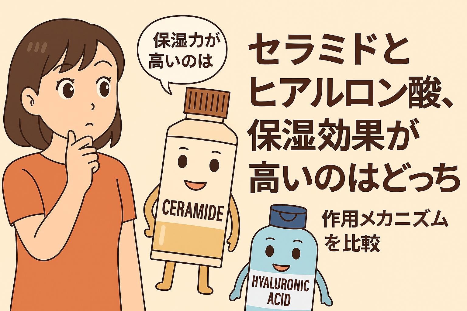 セラミドとヒアルロン酸の保湿力を比較する構成。女性と2種類の成分キャラクターが並び、作用メカニズムの違いを視覚的に伝える。