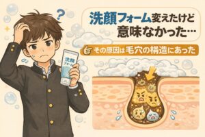 洗顔フォームを変えても毛穴悩みが改善しなかった理由が、毛穴の構造にあることを示したイラスト。洗顔料を手に悩む男性と、泡では届かない毛穴内部に角栓が残っている断面図を並べて、洗顔だけでは解決できない構造的問題を説明している。