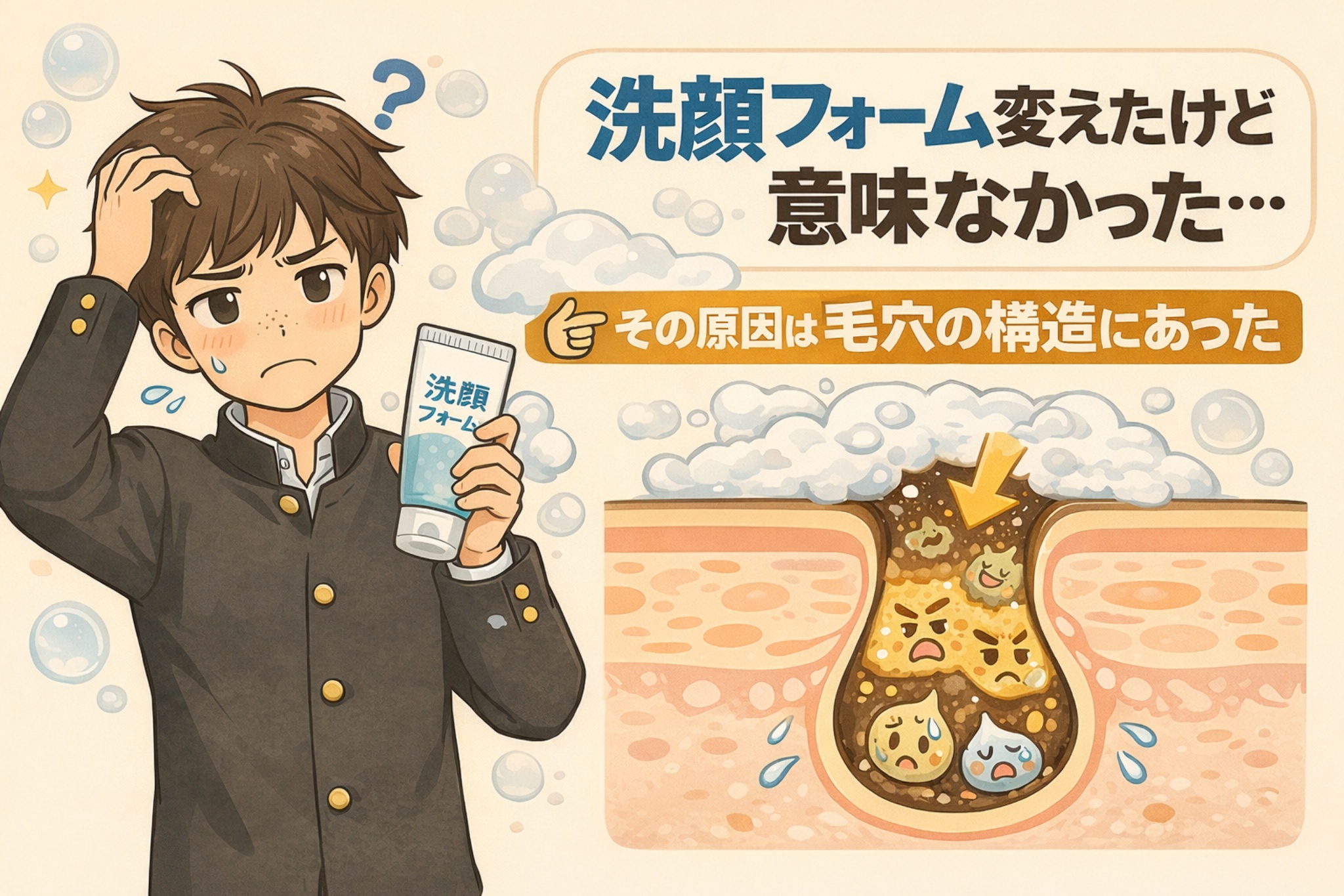 洗顔フォームを変えても毛穴悩みが改善しなかった理由が、毛穴の構造にあることを示したイラスト。洗顔料を手に悩む男性と、泡では届かない毛穴内部に角栓が残っている断面図を並べて、洗顔だけでは解決できない構造的問題を説明している。