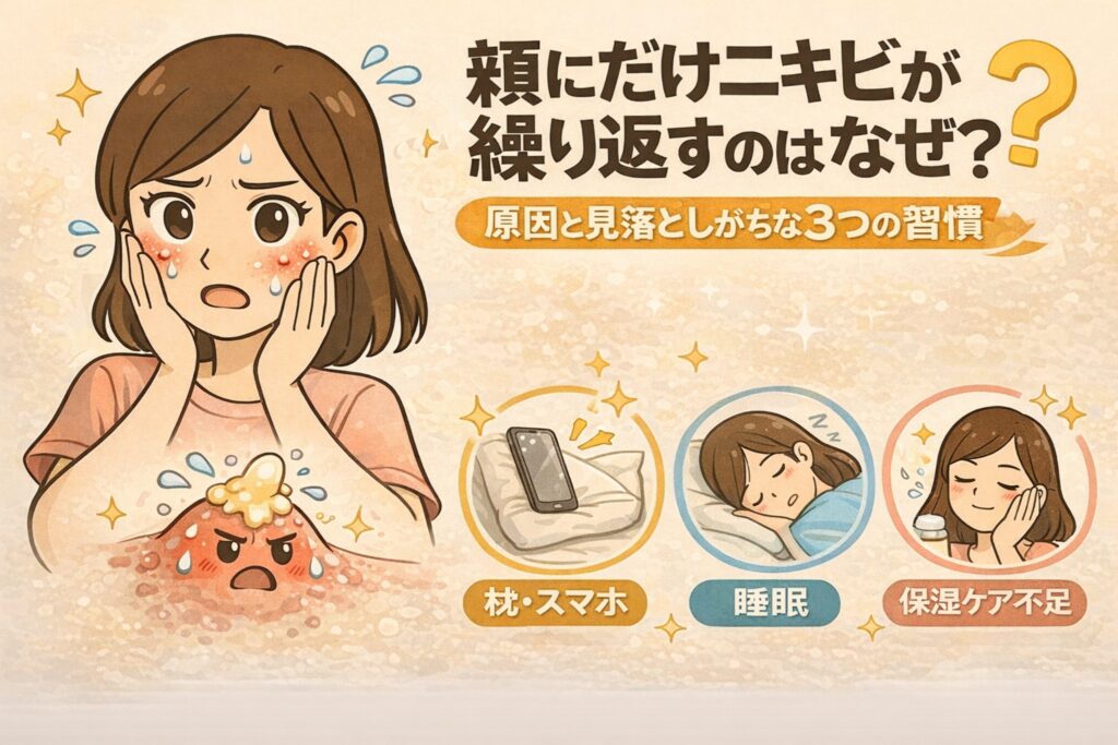 頬にだけニキビが繰り返しできる原因を解説する図解イラスト。頬の赤いニキビに悩む女性の表情とともに、枕やスマホによる接触、睡眠の質の低下、保湿ケア不足といった見落とされがちな3つの生活習慣がアイコンで示されている。頬は刺激や乾燥の影響を受けやすく、ニキビが再発しやすい部位であることを伝えている。