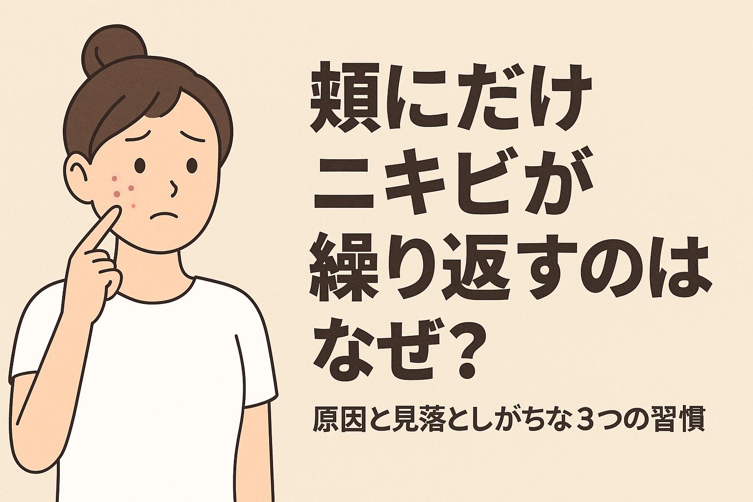 少数の頬ニキビに悩む若い女性が「なぜ頬だけ？」という表情で頬を指差すイラスト。背景は淡いベージュで、右側には「頬にだけニキビが繰り返すのはなぜ？」と「原因と見落としがちな3つの習慣」の太字テキスト。部分的なスキントラブルと生活習慣の関連を示す構成。