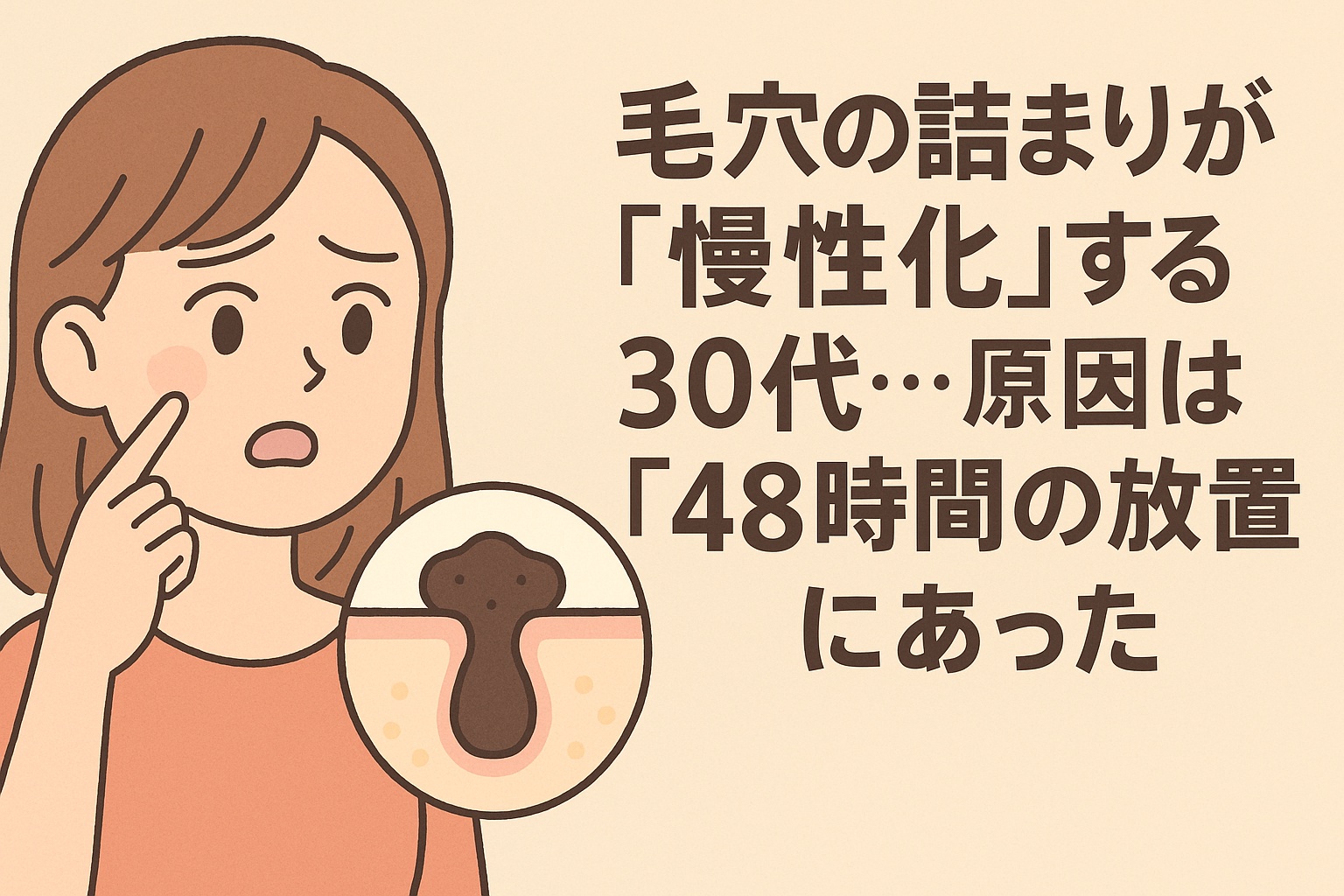 頬の毛穴詰まりを指で触れる20代女性のイラスト。48時間の放置による酸化皮脂・角栓化の進行を断面図で可視化し、30代からの慢性毛穴詰まりを訴求。