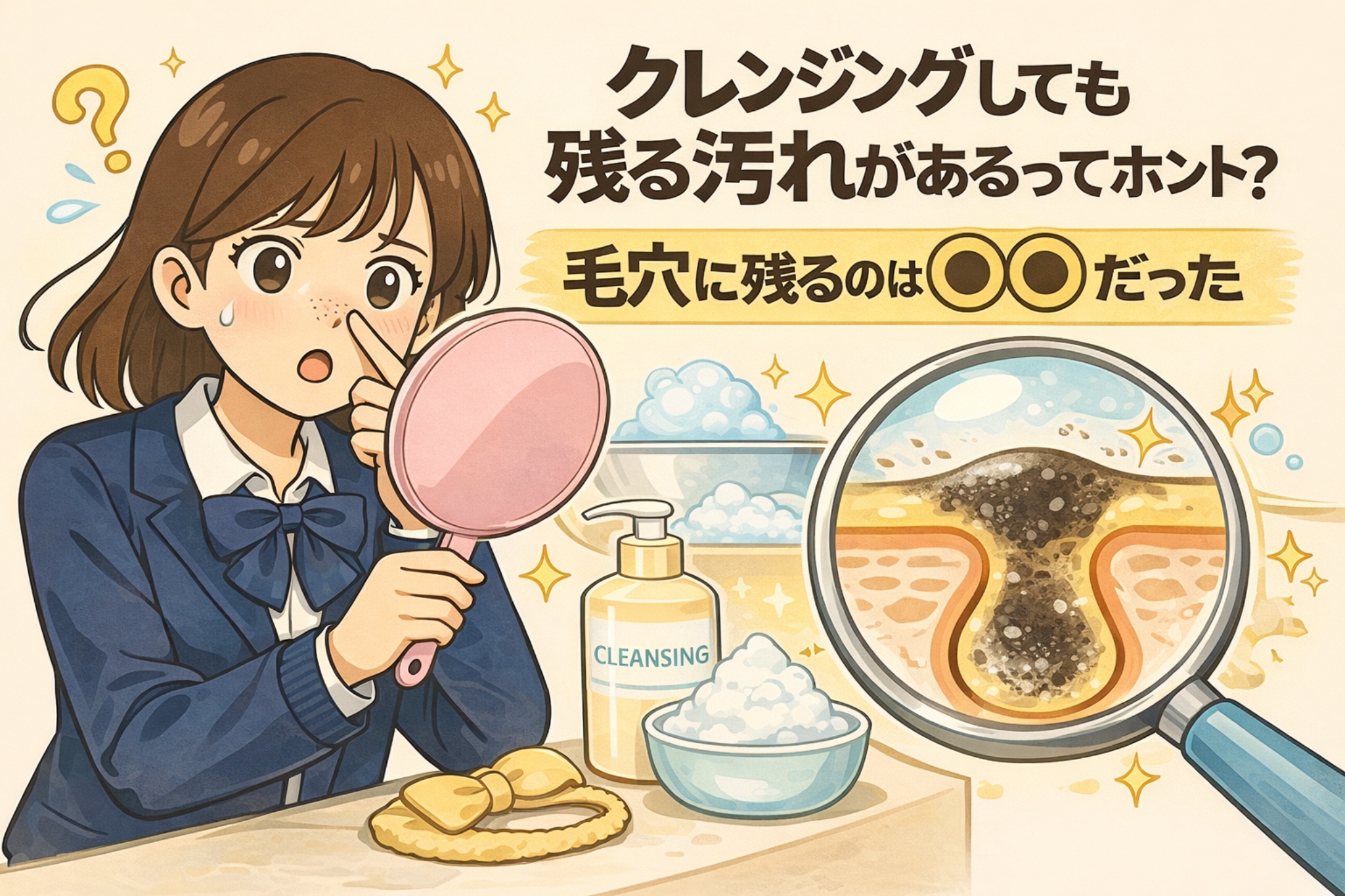 クレンジングをしても毛穴に汚れが残る理由を解説するイラスト。鏡で鼻を確認する女性と、クレンジング剤や泡、拡大された毛穴断面図を通して、毛穴内部に残留する汚れの構造を視覚的に示している。
