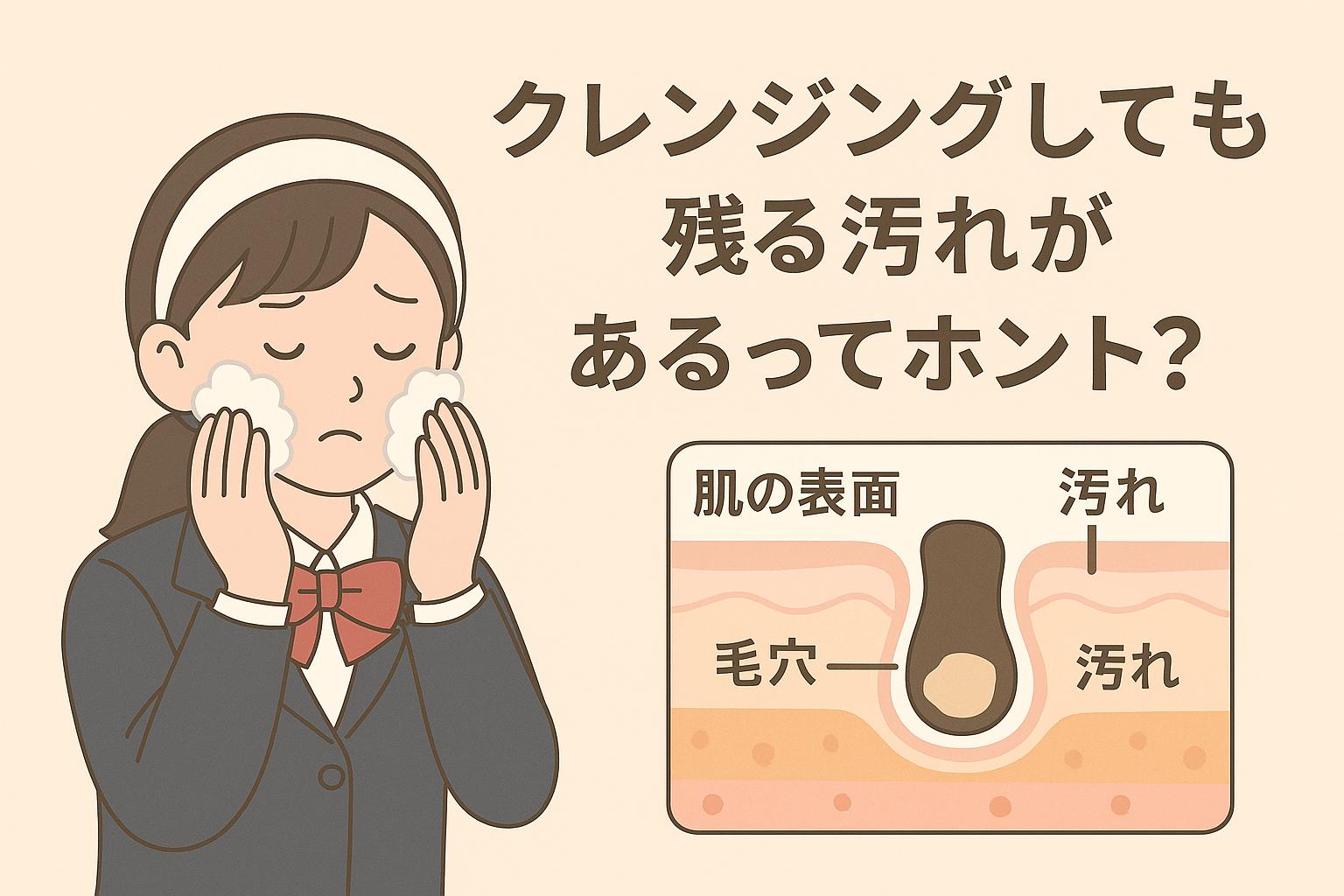 顔を泡で包みながら目を閉じる女子中学生。クレンジング中にもかかわらず、右側には毛穴の断面図で「汚れ」が残っている様子が描かれている。