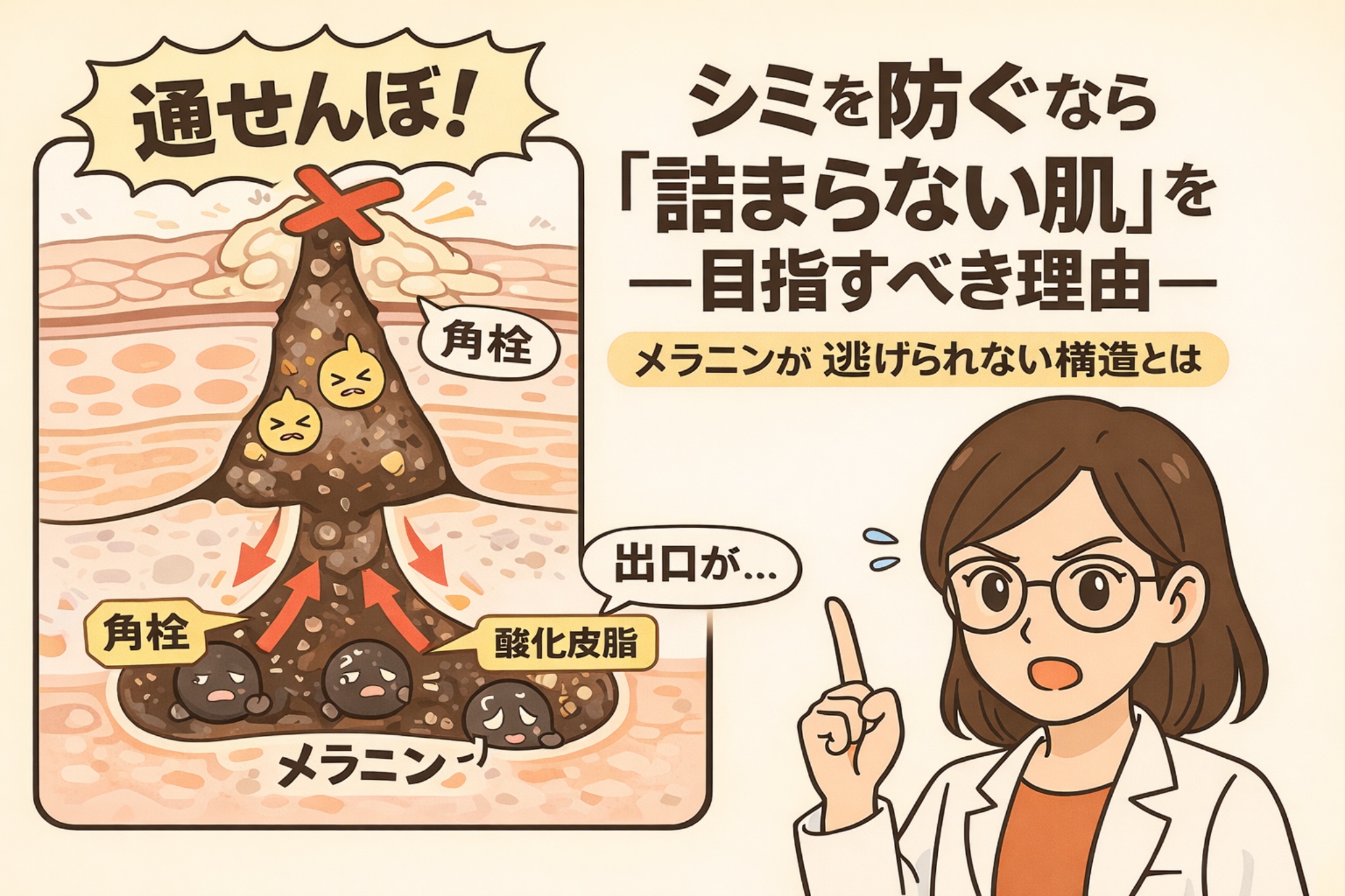 シミを防ぐために「詰まらない肌」を目指す理由を解説したイラスト。角栓と酸化皮脂によって毛穴の出口が塞がれ、メラニンが排出されずに滞留する構造を断面図で示し、白衣を着た女性が指差しで解説している。