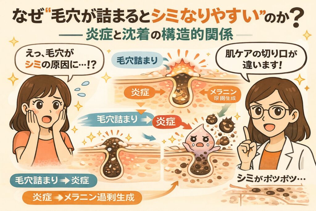 毛穴詰まりがシミにつながる理由を、炎症とメラニン生成の構造的関係から解説するイラスト。毛穴に角栓が詰まることで炎症が起き、刺激によってメラニンが過剰生成され、シミとして沈着していく流れを毛穴断面図で段階的に示している。白衣の女性がスキンケアの切り口の違いを解説し、毛穴ケアとシミ予防の関係をわかりやすく伝える美容解説画像。