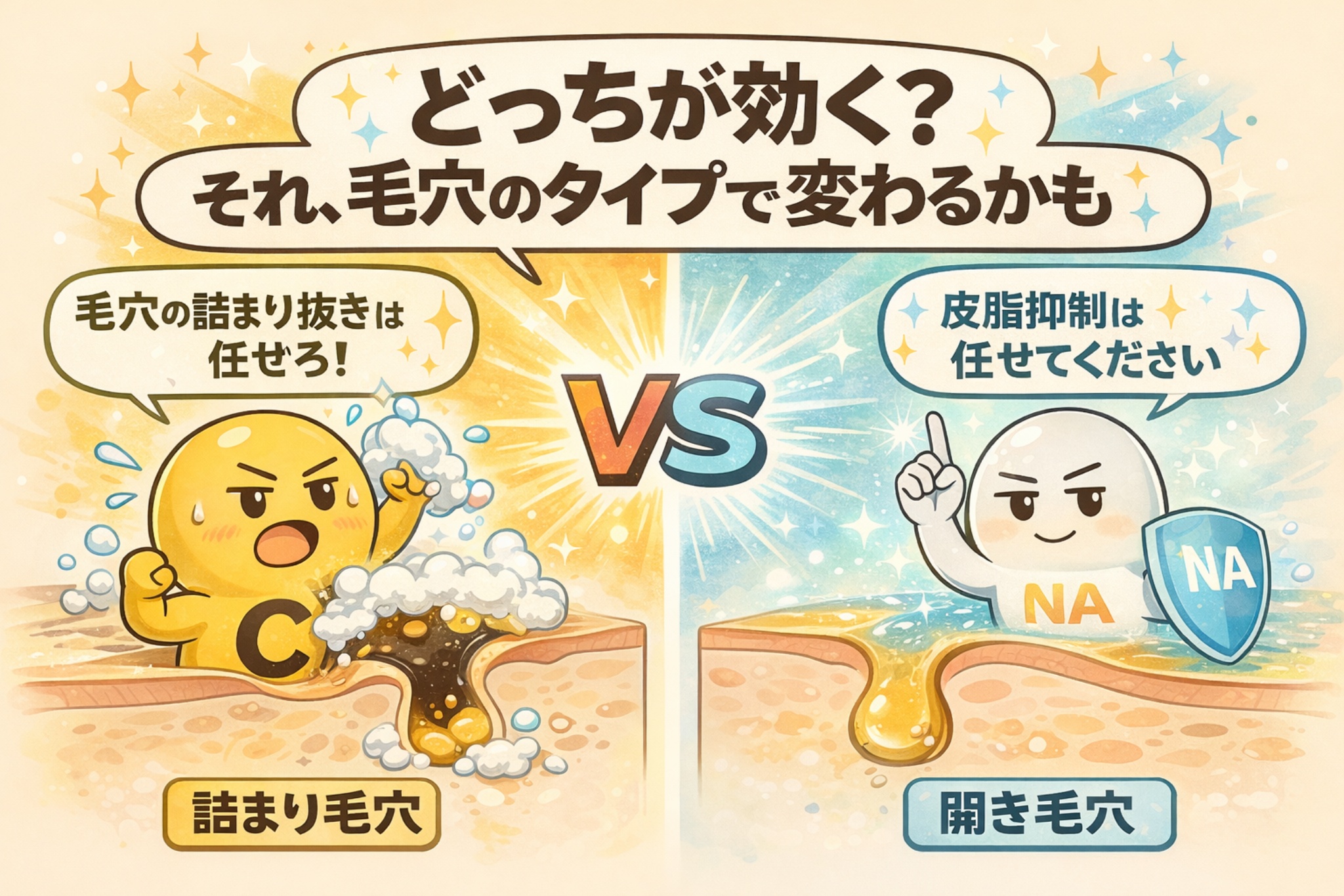 毛穴タイプによって有効なケアが異なることを示す比較図解イラスト。中央に「どっちが効く？それ、毛穴のタイプで変わるかも」という見出しとVS表現があり、左右に毛穴断面図が配置されている。左側は詰まり毛穴で、ビタミンCの擬人化キャラクターが泡立ちながら角栓を押し出す様子と「毛穴の詰まり抜きは任せろ！」という吹き出しが描かれている。右側は開き毛穴で、ナイアシンアミドの擬人化キャラクターが盾を持ち「皮脂抑制は任せてください」と示し、皮脂量の違いと毛穴状態に応じた成分選択の重要性を直感的に伝えている。