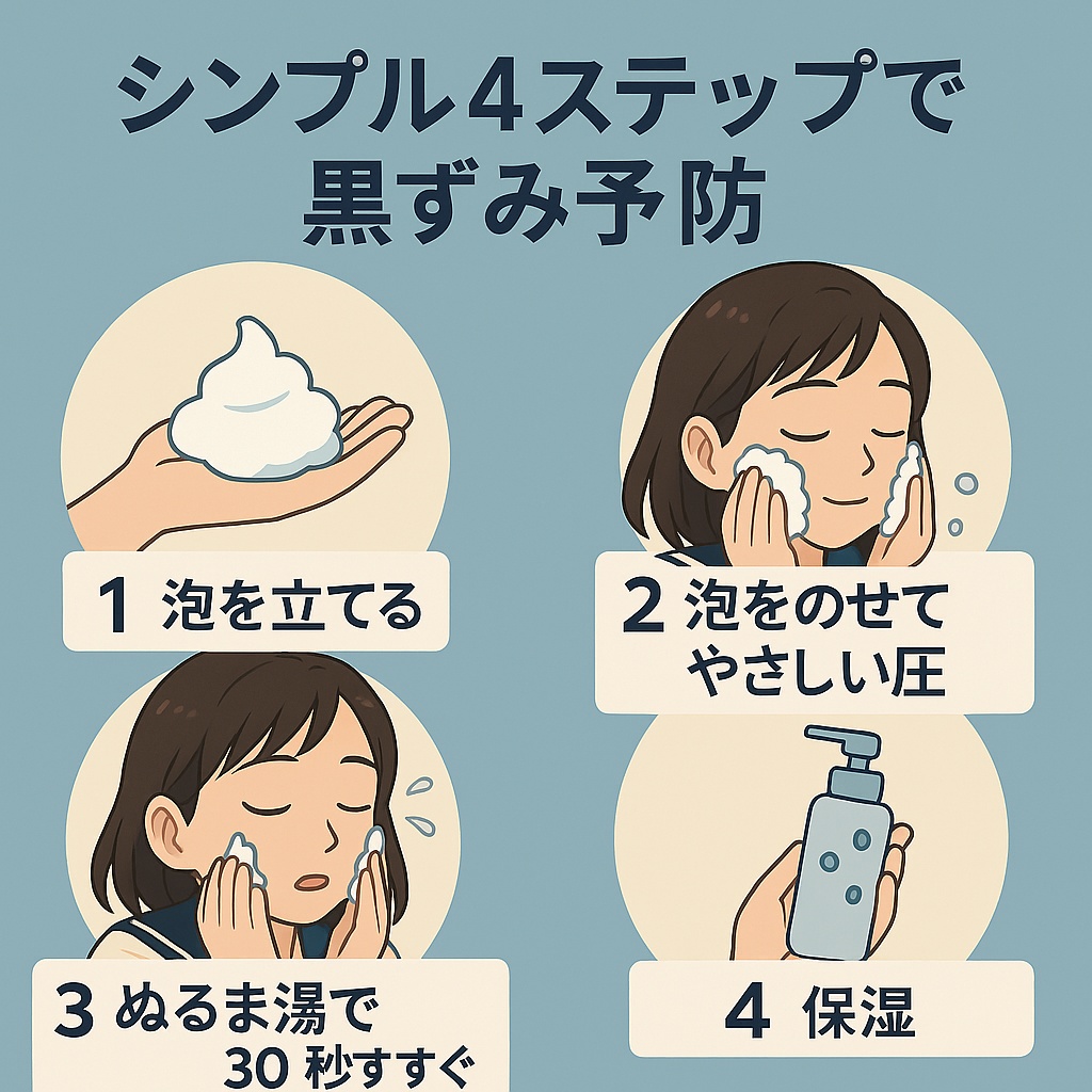 正しい洗顔の4ステップを示すイラスト。

泡を立てる（手のひらに泡を作る）

泡をのせてやさしい圧（頬に泡を軽くのせる女子中学生）

ぬるま湯で30秒すすぐ（目を閉じて丁寧にすすぐ）

保湿（化粧水ボトルを使う）
上部に「シンプル4ステップで黒ずみ予防」と書かれている。