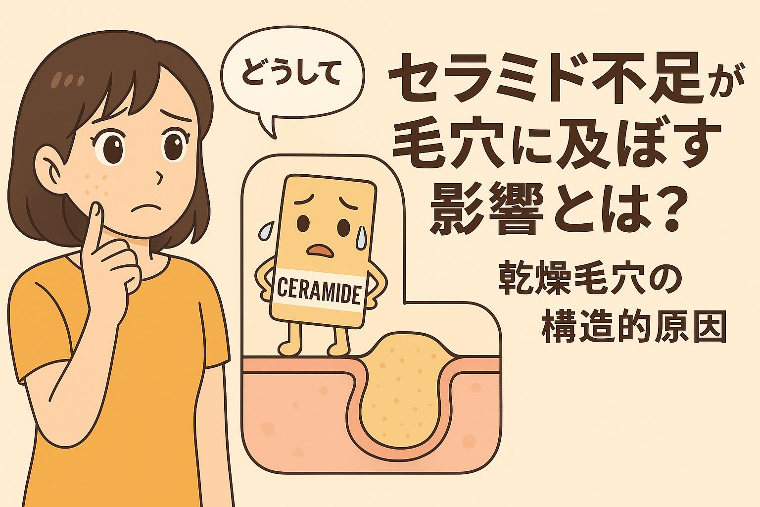 セラミド不足によって乾燥毛穴が生じる構造を説明したイラスト。困った表情の女性と断面図、擬人化されたセラミドが登場。