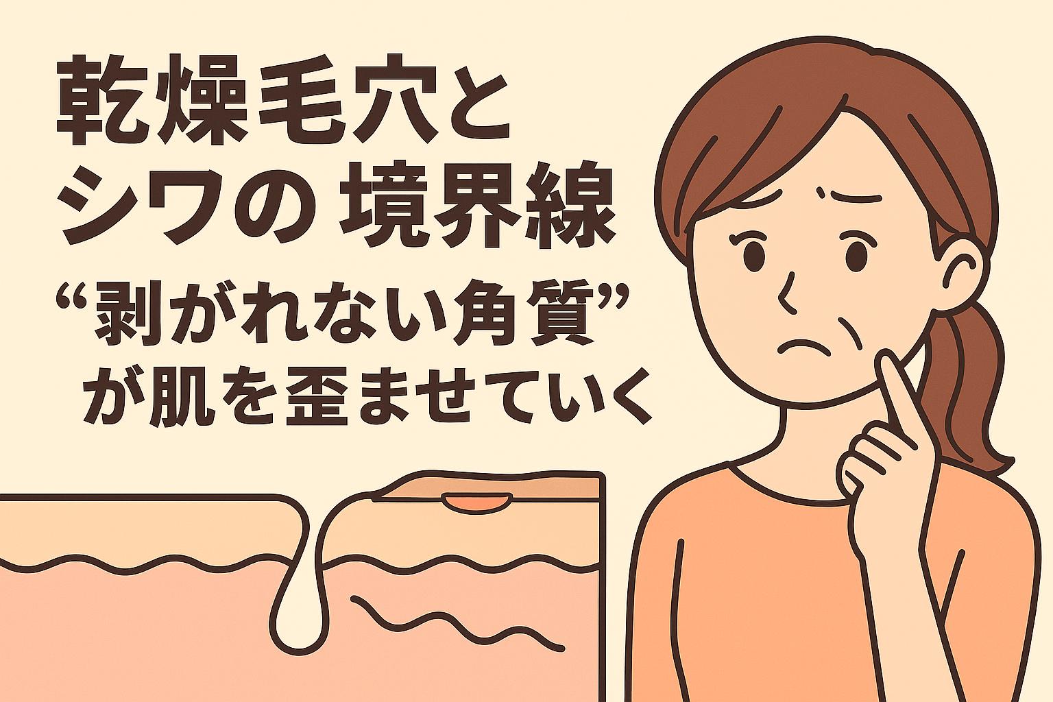 「乾燥毛穴とシワの境界線」という問いに対し、不安そうな女性と角質層が波打つ皮膚断面図を描写。剥がれない角質が肌構造に与える影響を示している。