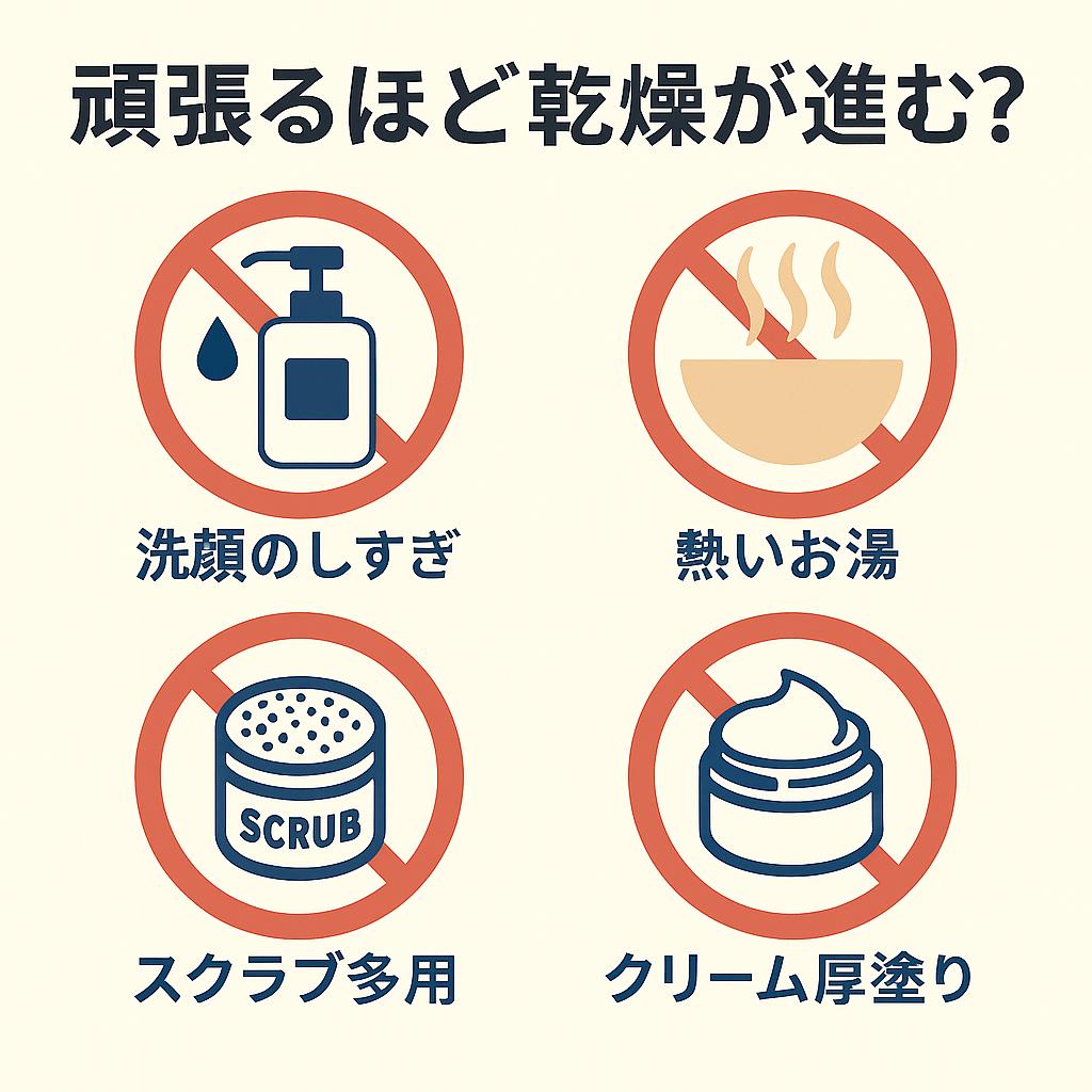 「頑張るほど乾燥が進む!?」という見出しの日本語インフォグラフィック。
4つのNGケアを赤い禁止マーク付きで示している。
🧴 洗顔のしすぎ
🔥 熱いお湯
🌀 スクラブ多用
🌙 クリーム厚塗り
乾燥を悪化させる誤った習慣をわかりやすく伝える構成。
