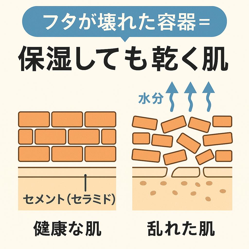 「フタが壊れた容器=保湿しても乾く肌」という見出しの日本語インフォグラフィック。
左側は「健康な肌」で、レンガ状の角質細胞が整列し、セラミド(セメント)が隙間なくつながり水分を保持している。
右側は「乱れた肌」で、角質細胞がバラバラに並び隙間ができ、水分が上方向に蒸発している様子を矢印で表現している。