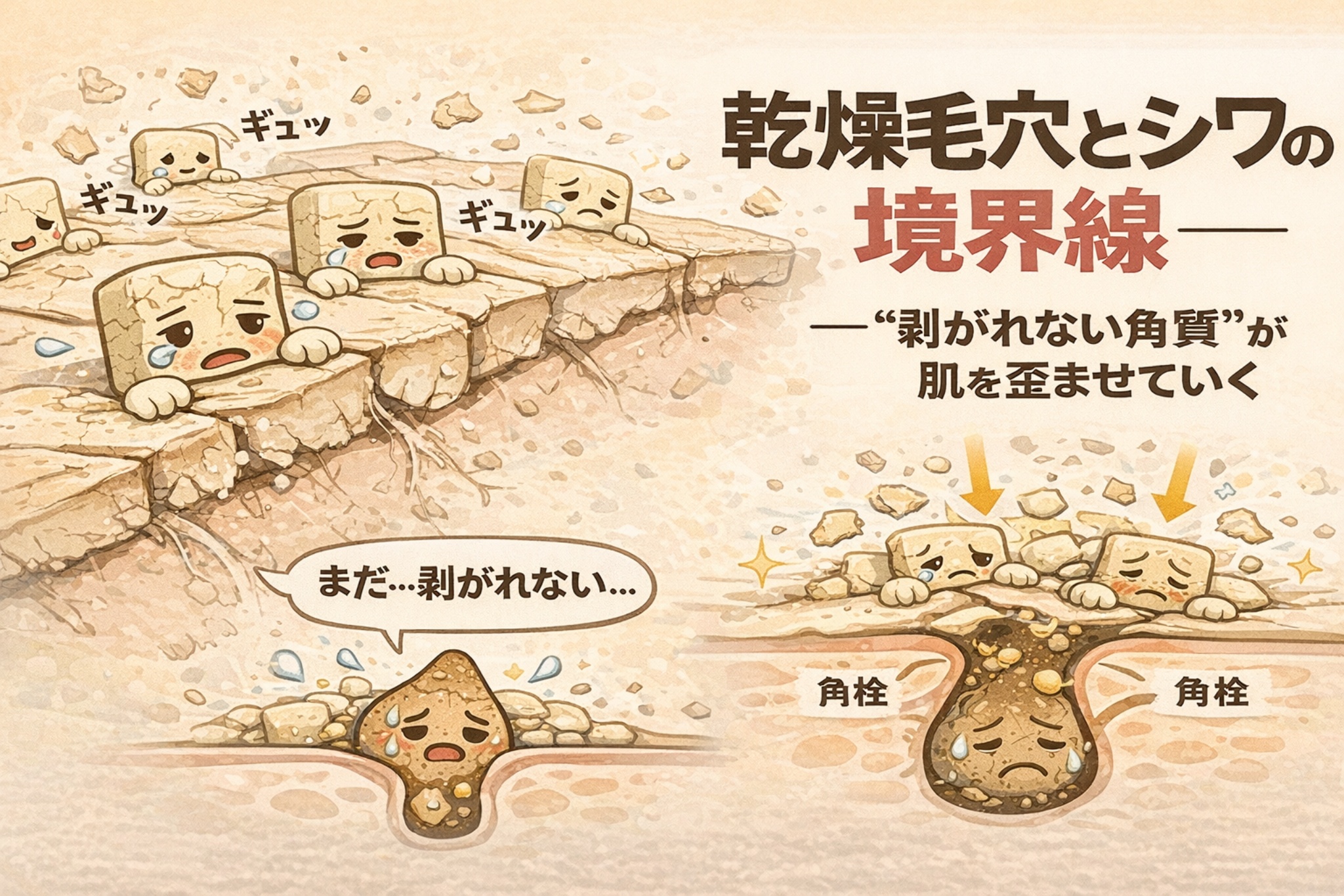 乾燥した肌表面を擬人化した角質細胞が、ひび割れた地面のように縮こまり苦しそうな表情をしているイラスト。右側には毛穴断面図が描かれ、剥がれない角質が毛穴周囲にたまり、角栓となってシワや毛穴の歪みを生む様子が示されている。「乾燥毛穴とシワの境界線」「剥がれない角質が肌を歪ませていく」というメッセージを視覚的に解説する構造図。