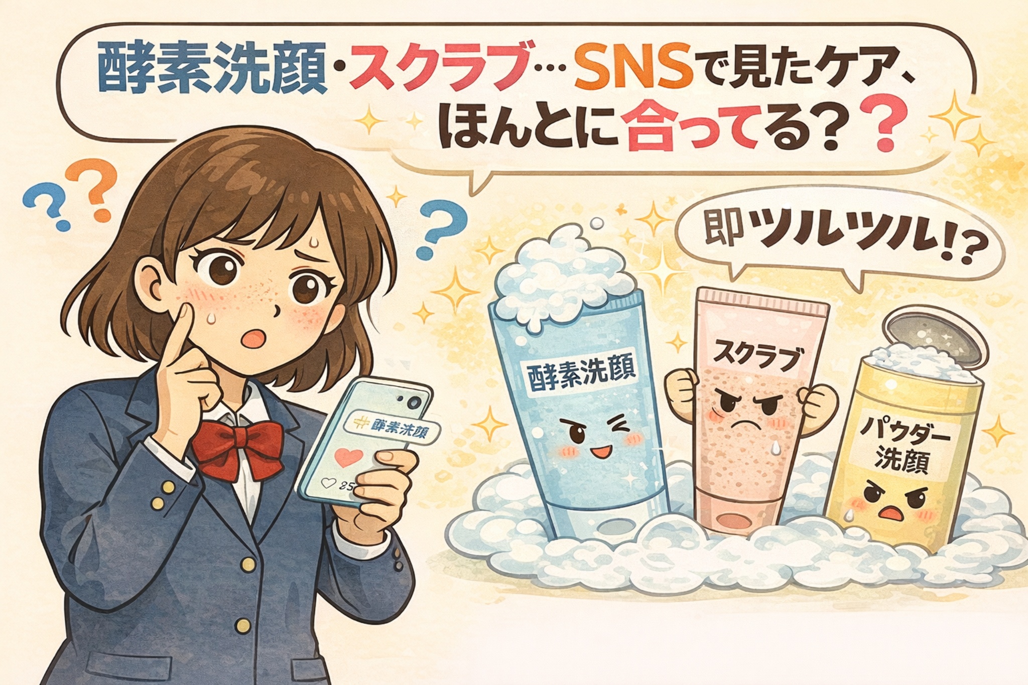 SNSで見かける酵素洗顔やスクラブが本当に正しい毛穴ケアなのかを疑問視するイラスト。スマホを見て迷う女子学生と、「即ツルツル」をうたう洗顔アイテムを擬人化して描き、流行りのケアと肌への影響を冷静に考える必要性を分かりやすく表現している。