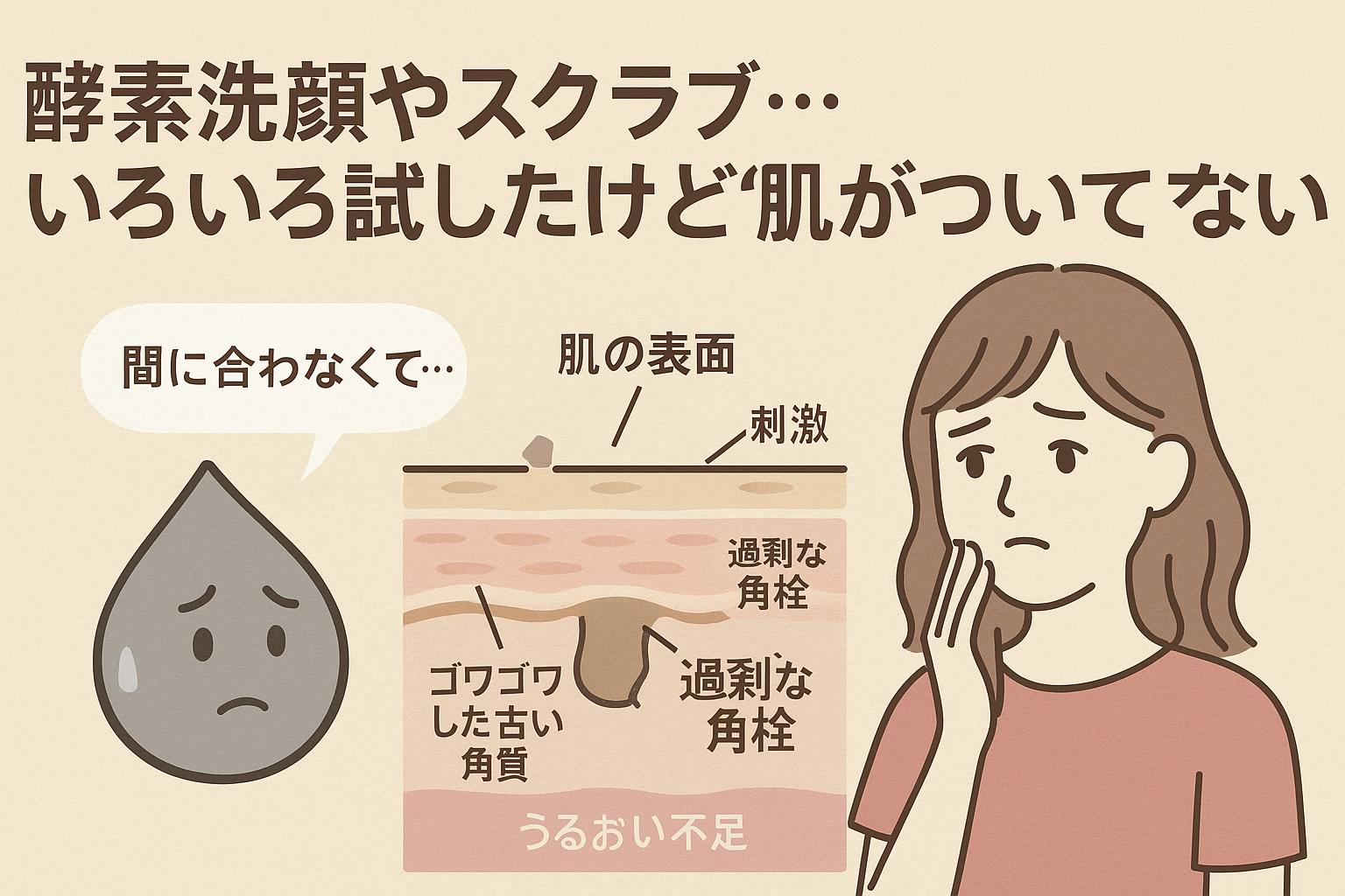 左にENZYME WASHとSCRUBのチューブ、中央に「ついていけなくて…」と落ち込む皮脂キャラと古い角質、右に効果が出ない肌と女子大生の落胆した表情。