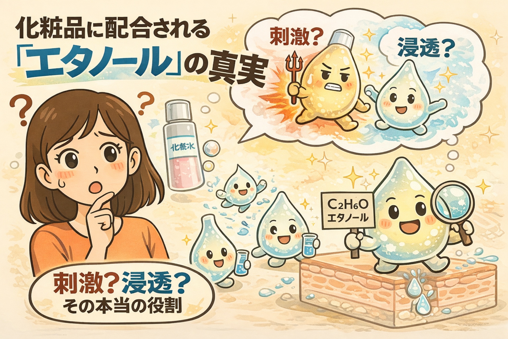 化粧品に配合されるエタノールの役割を、刺激性と浸透性の両面から解説した図解イラスト。化粧水を前に悩む女性と、擬人化されたエタノール分子や水分子が毛穴構造への影響を説明している。