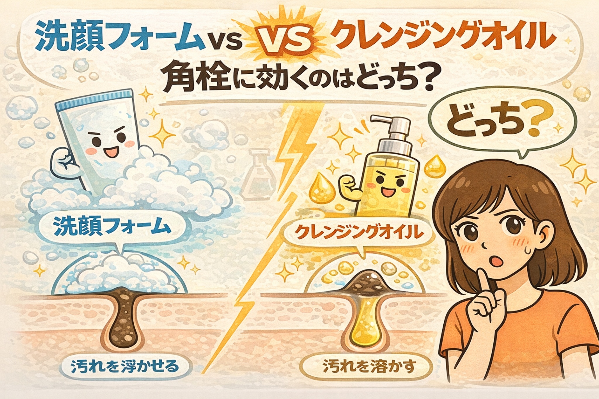 洗顔フォームとクレンジングオイルを角栓構造で比較したイラスト。洗顔フォームは汚れを浮かせる仕組み、クレンジングオイルは皮脂やメイク汚れを溶かす仕組みを断面図で示し、角栓への作用の違いをわかりやすく解説している。