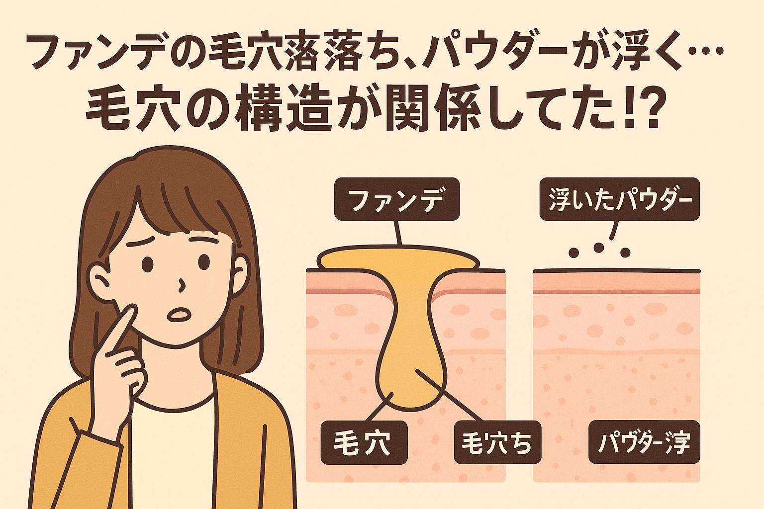 ファンデーションが毛穴に落ちる様子と、パウダーが浮く様子を比較した構造図。悩む20代女性とともに「ファンデ」「毛穴落ち」「浮いたパウダー」などのラベルが表示され、毛穴の構造がメイク崩れに影響することを解説している。