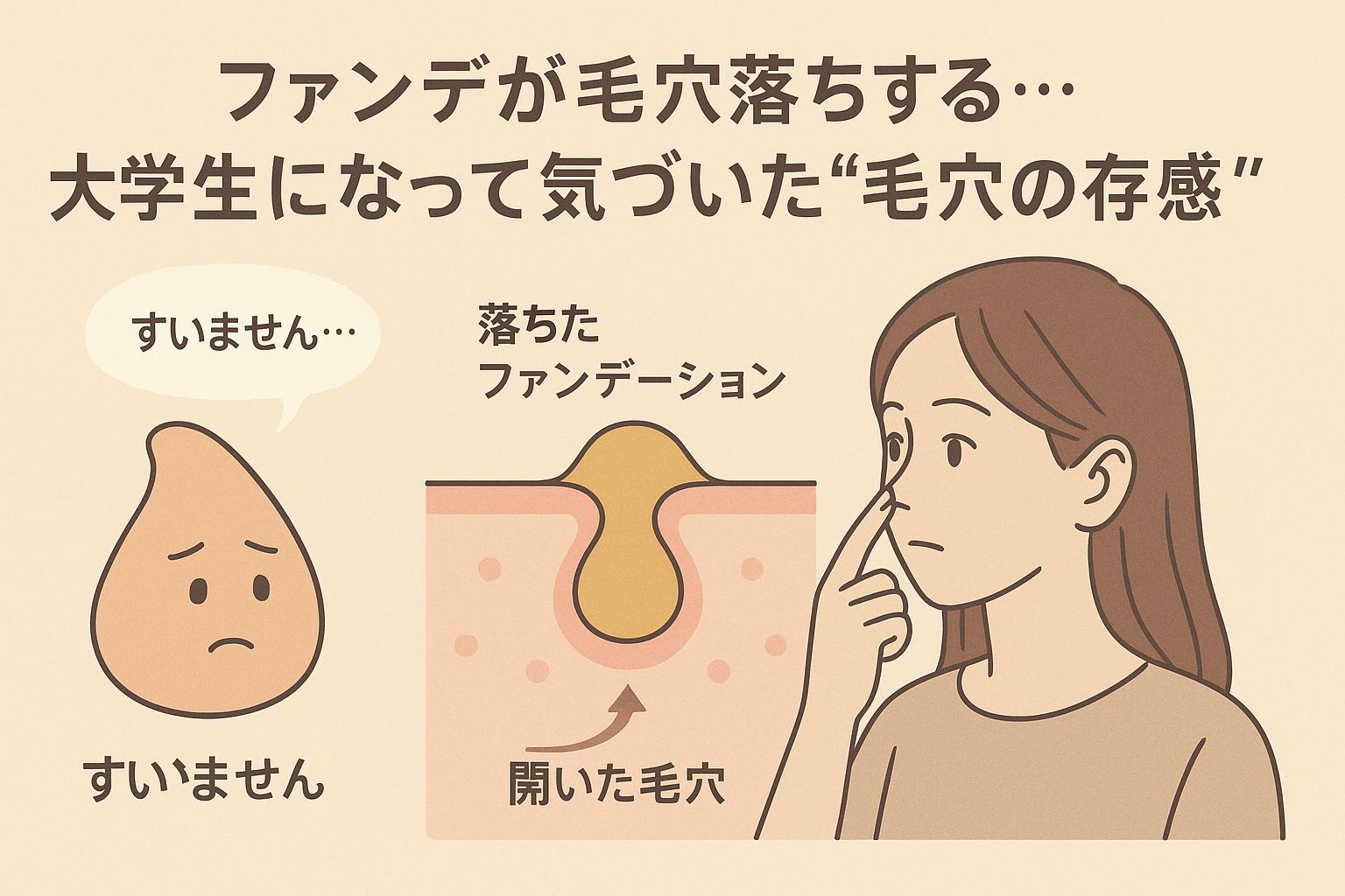 　「ファンデが毛穴落ちする…大学生になって気づいた“毛穴の存在感”」というタイトル。左に「すいません…」と謝るファンデーションキャラ、中央に毛穴に落ちたファンデーションの断面図、右に毛穴落ちを気にする大学生の女性。