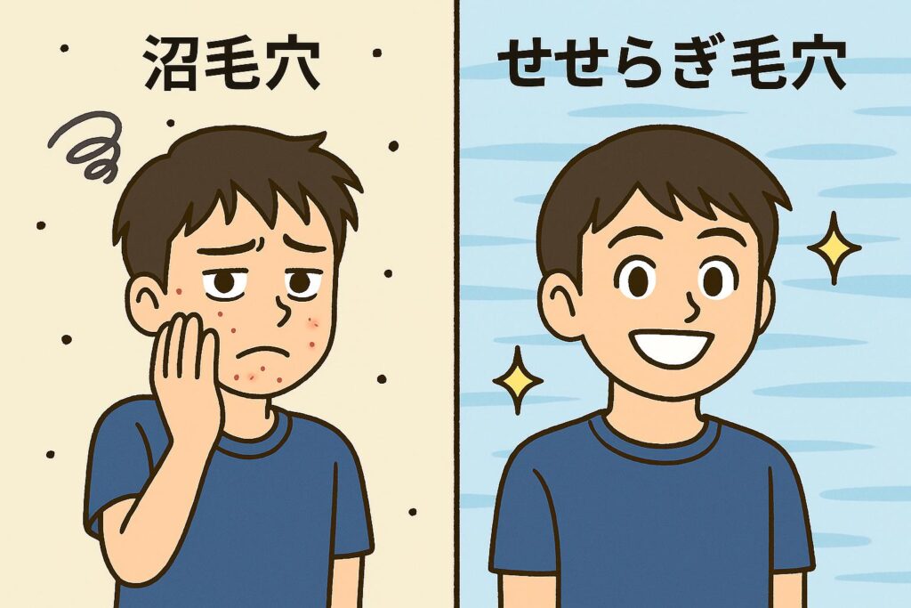 左右比較のイラスト。
左：「沼毛穴」と書かれた背景の前で、黒ずみやニキビに悩み困った表情の男子。
右：「せせらぎ毛穴」と書かれた背景の前で、清潔な肌と明るい笑顔を見せる男子。
肌状態の違いを強調した対比図。 