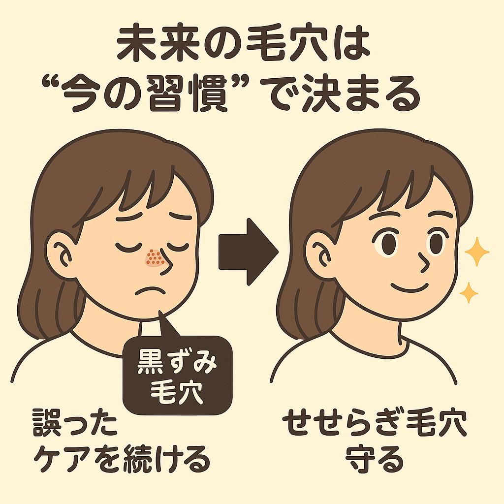 「未来の毛穴は“今の習慣”で決まる」というキャッチコピー付きの分岐イラスト。左側は間違ったケアを続けて黒ずみ毛穴が残る女子、右側はせせらぎ毛穴を守って透明感ある肌になった女子が描かれている。