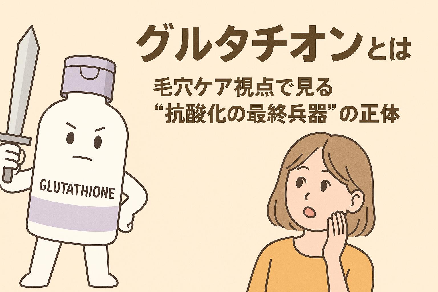 剣を持つ擬人化グルタチオンと、それを見つめる女性が描かれた毛穴ケア向けイラスト。「グルタチオンとは？」と抗酸化作用を強調するコピー付き。