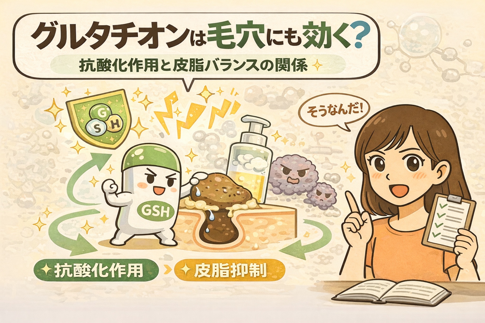 グルタチオンが毛穴に与える影響を解説したイラスト。抗酸化作用によって皮脂の酸化を抑え、皮脂バランスが整うことで毛穴トラブルが目立ちにくくなる考え方を、キャラクターと断面図でわかりやすく示している。