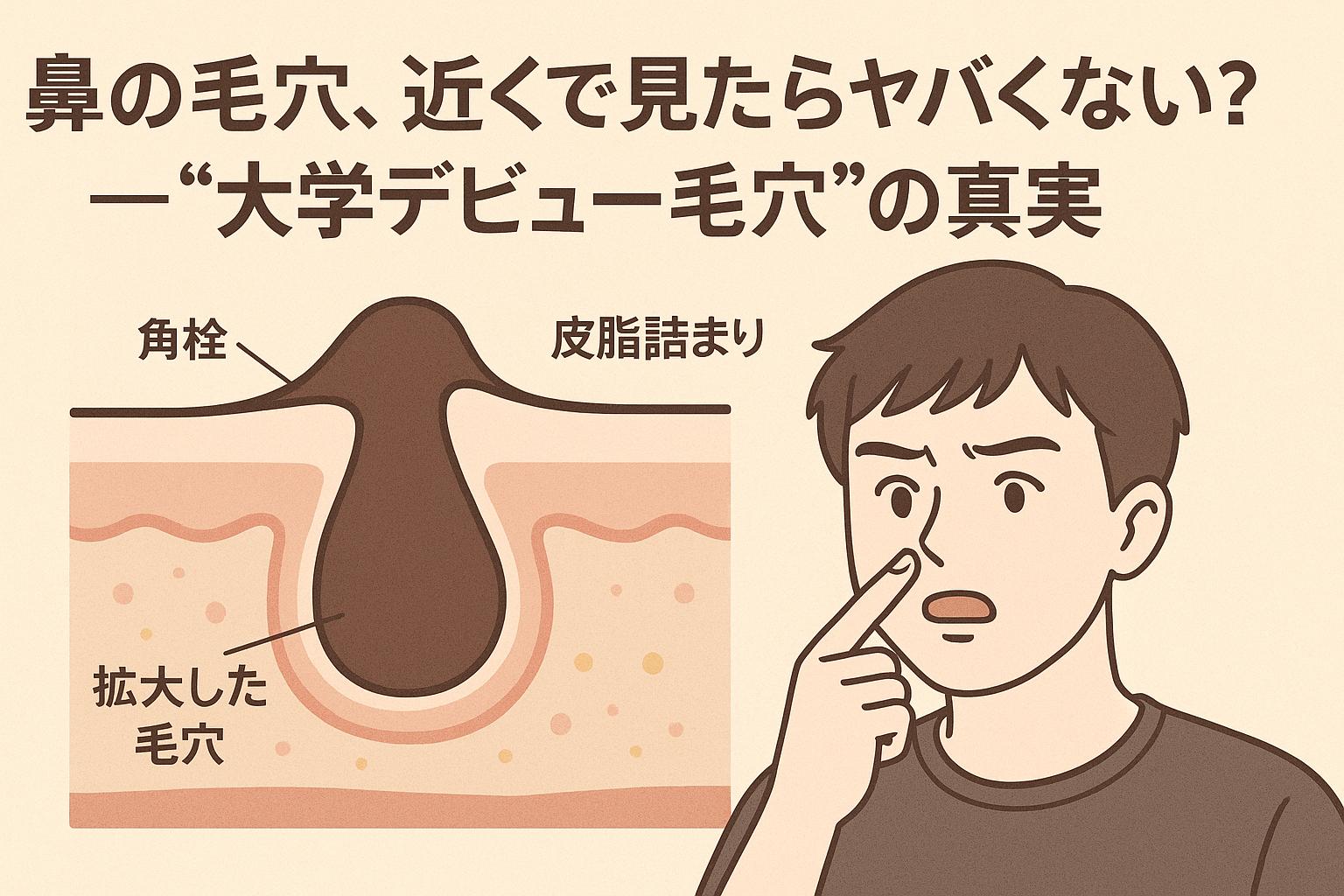 鼻の毛穴に驚く男子大学生のイラスト。右手で鼻を指差すキャラクターと、左側には「拡大した毛穴」「皮脂詰まり」「角栓」などのラベルが付いた断面図が配置されている。「大学デビュー毛穴の真実」というテキストが印象的に描かれている。