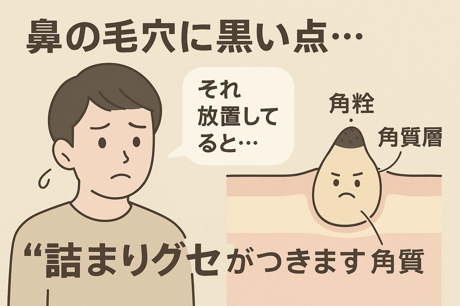 鼻の黒い点に悩む男子大学生と、怒った顔の角質キャラクターが描かれているイラスト。角質層と角栓の断面図があり、「それ放置してると…」「詰まりグセがつきます角質」という警告的なメッセージが記載されている。