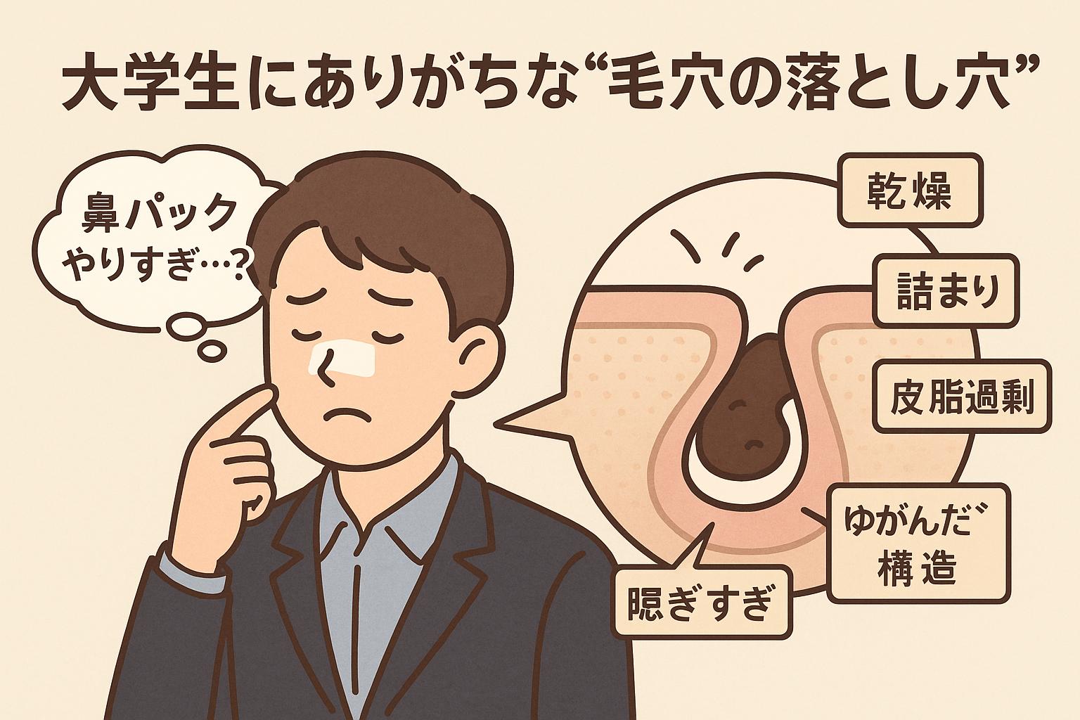白い鼻パックを貼った男子大学生が「鼻パックやりすぎ…？」と考え込む様子が描かれている。右側の毛穴断面図では「乾燥」「詰まり」「皮脂過剰」「ゆがんだ構造」「隠ぎすぎ」といった過剰ケアによるトラブルが視覚的に解説されている。