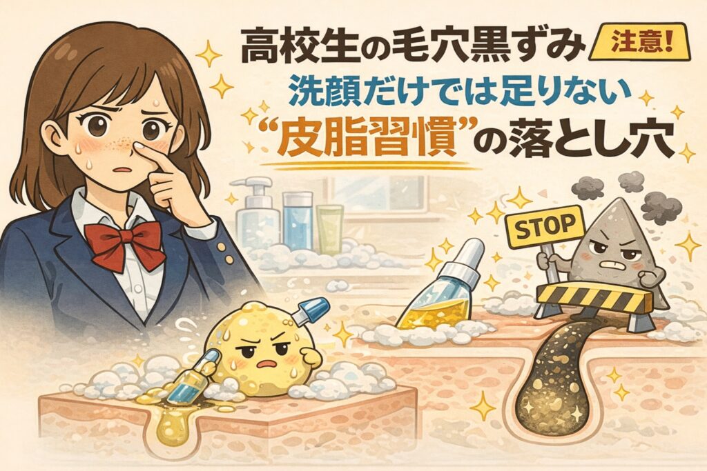 高校生の毛穴黒ずみは洗顔だけでは不十分であることを伝える図解イラスト。鼻の黒ずみを気にする女子高校生と、毛穴断面で皮脂が習慣的にたまり角栓化していく様子を描き、「皮脂習慣の落とし穴」に注意が必要であることを示している。