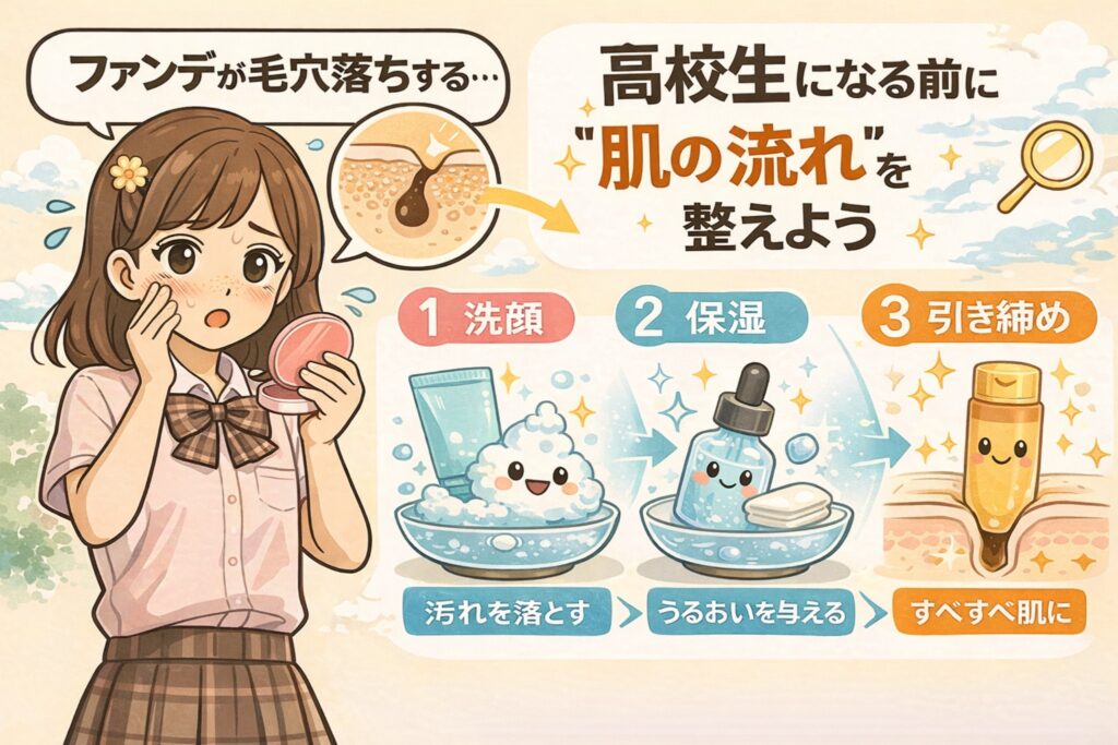 ファンデーションの毛穴落ちに悩む女子学生が鏡を見て困った表情をしており、「高校生になる前に肌の流れを整えよう」というメッセージとともに、洗顔・保湿・引き締めの3ステップで毛穴ケアを行う流れを、擬人化されたスキンケアアイテムと毛穴断面図で解説しているイラスト