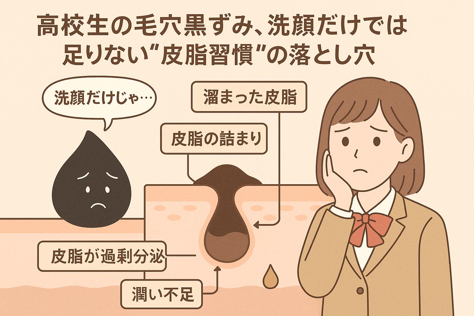　「高校生の毛穴黒ずみ、洗顔だけでは足りない“皮脂習慣”の落とし穴」というタイトルのフラットな教育系イラスト。左に黒ずみキャラ「洗うだけじゃ…」の吹き出し、中央に詰まり毛穴の断面図、右に制服姿の女子高校生が悩む様子。皮脂の詰まりや潤い不足などのラベル付き。