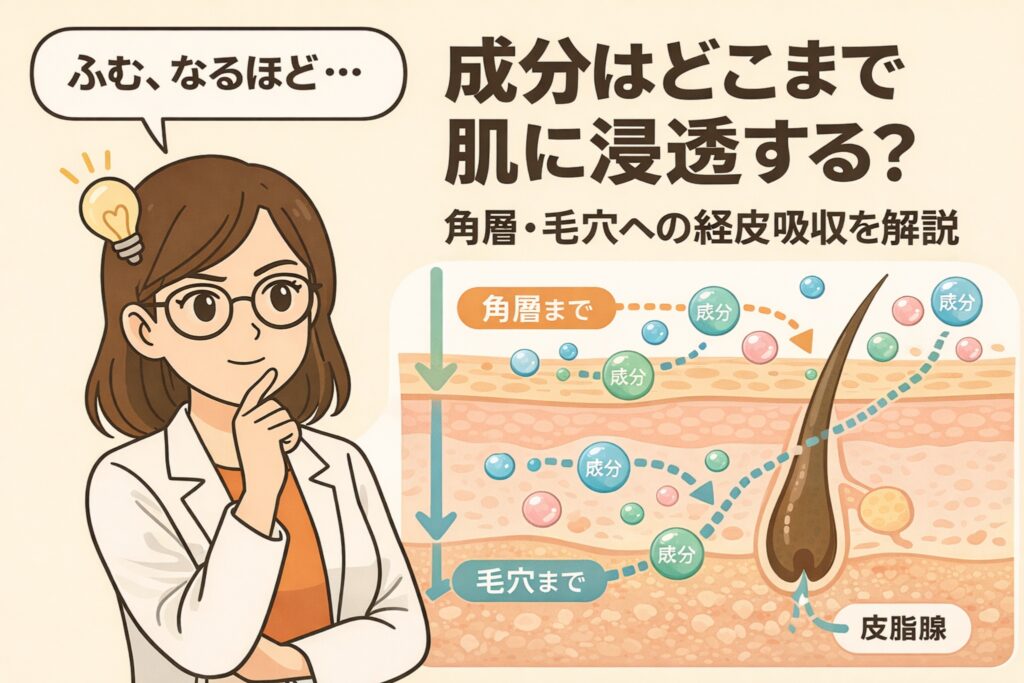 スキンケア成分はどこまで肌に浸透するのかを、角層と毛穴への経皮吸収の違いとして解説したイラスト図解。成分が基本的には角層まで届くこと、毛穴経路では皮脂腺付近まで影響する可能性があることを、皮膚断面図と矢印でわかりやすく示している。
