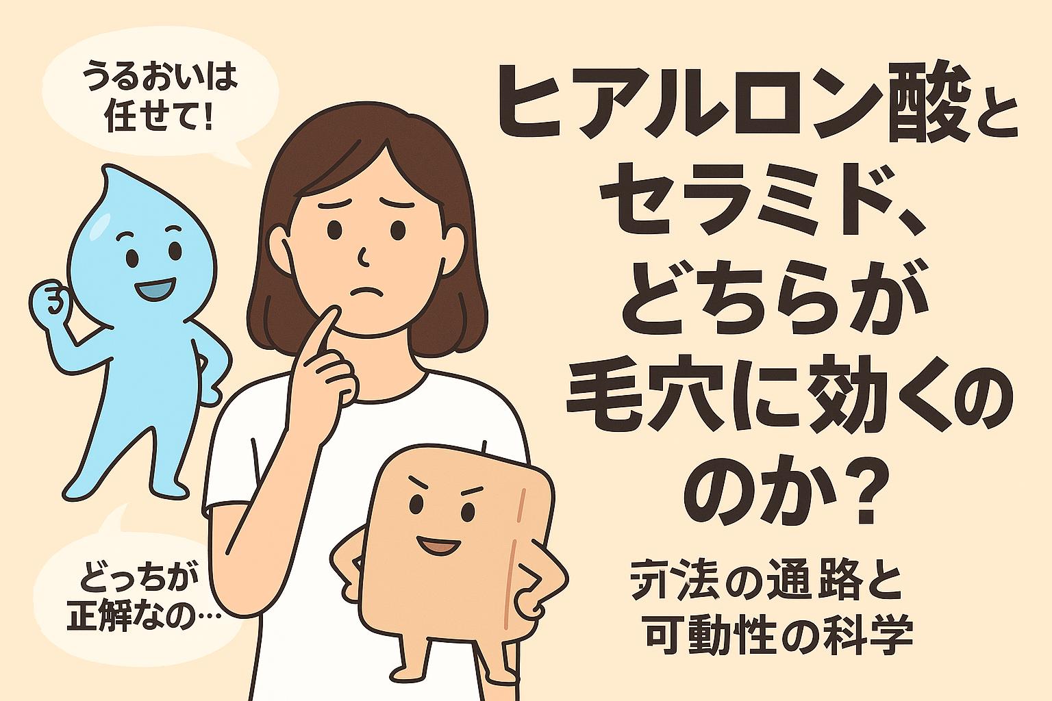 中央の女性が「どっちが正解なの…？」と悩む表情で、左にヒアルロン酸キャラ（青のしずく型）、右にセラミドキャラ（ベージュの四角）が並び、それぞれ「うるおいは任せて！」「私は“守る”タイプよ。」と吹き出しで主張する構成。成分の違いを視覚的に表現。